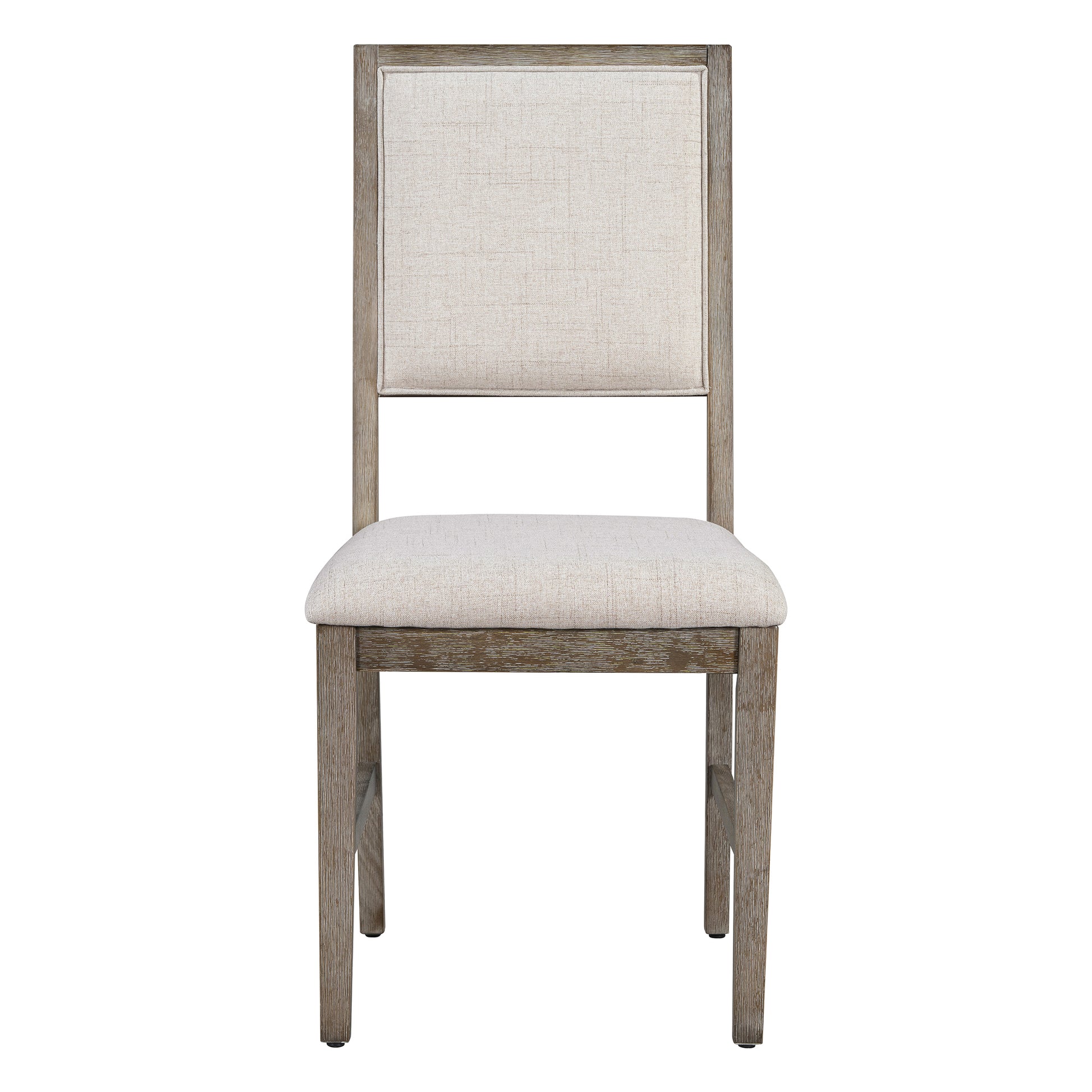 Rustic wood dining chair with beige linen seat and back