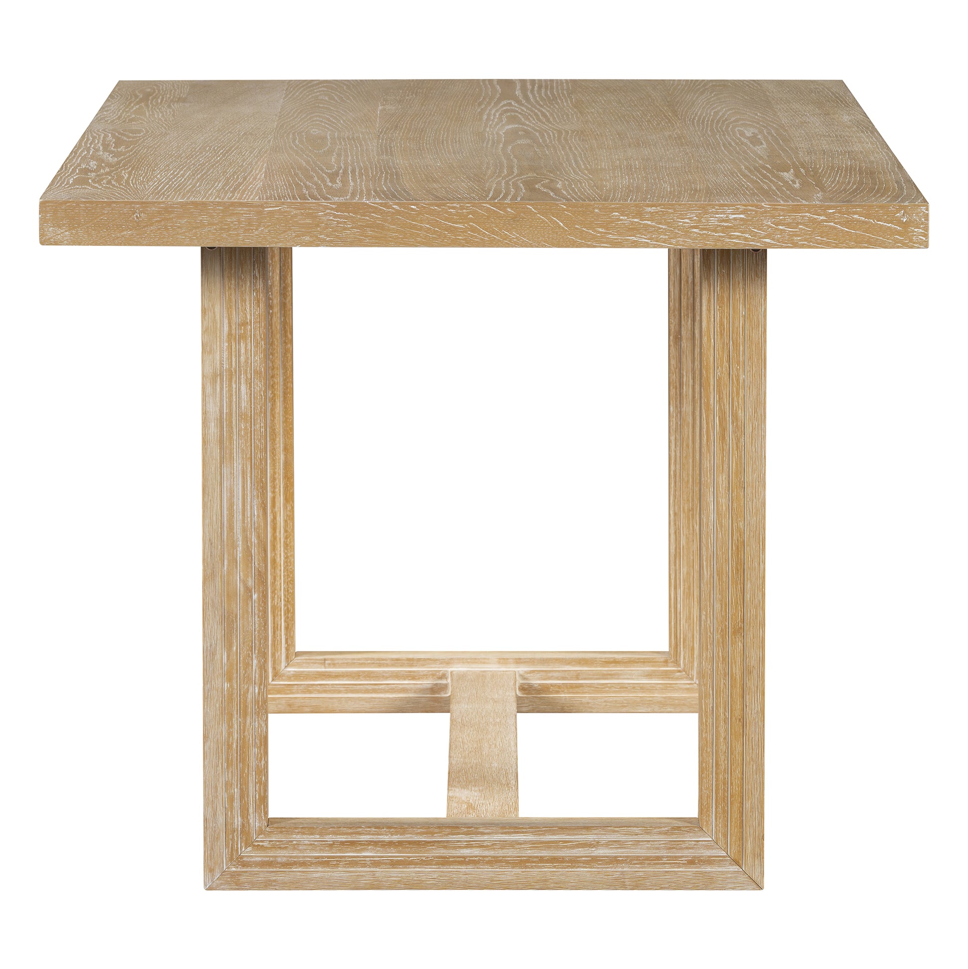 Distressed light oak end table with geometric pedestal base