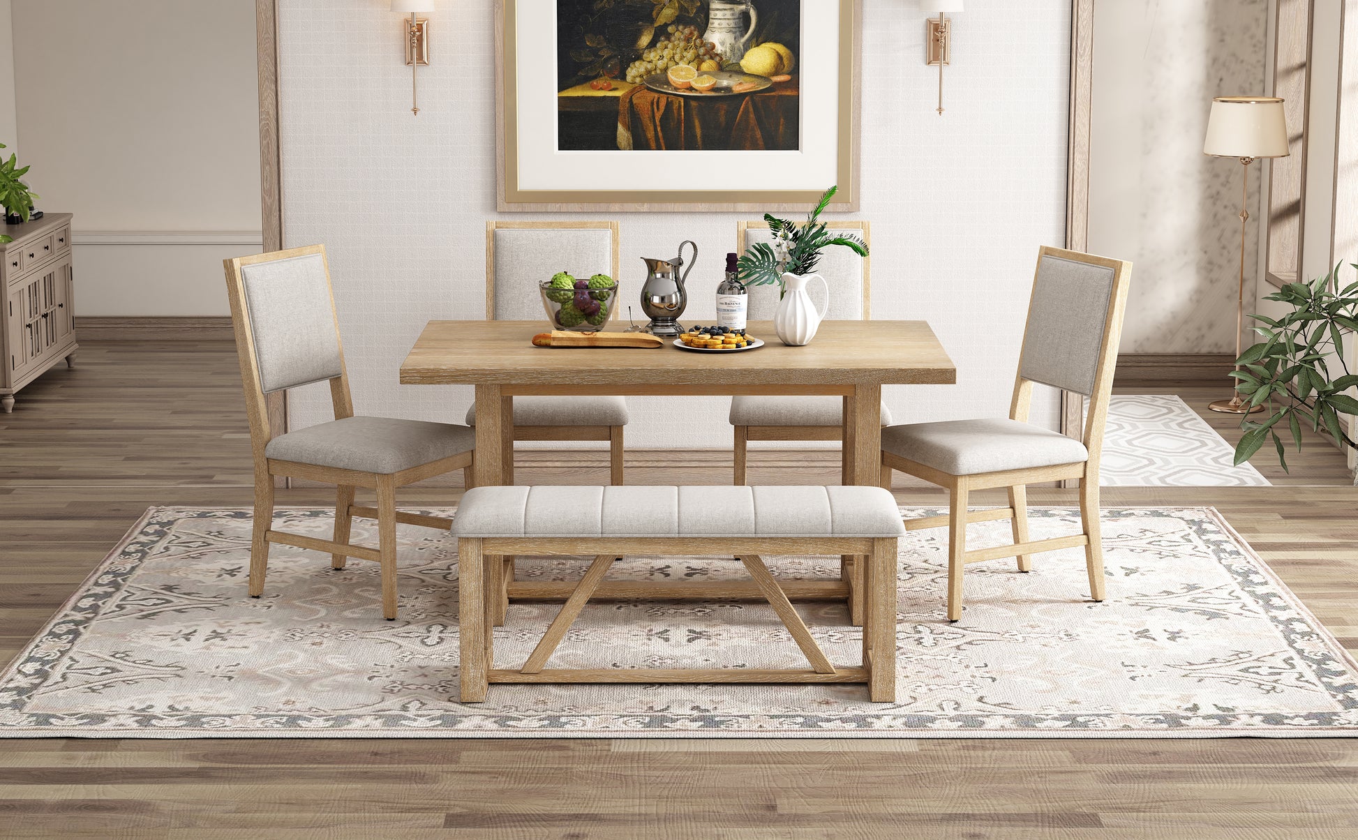 Light wood dining table set with four chairs and a bench