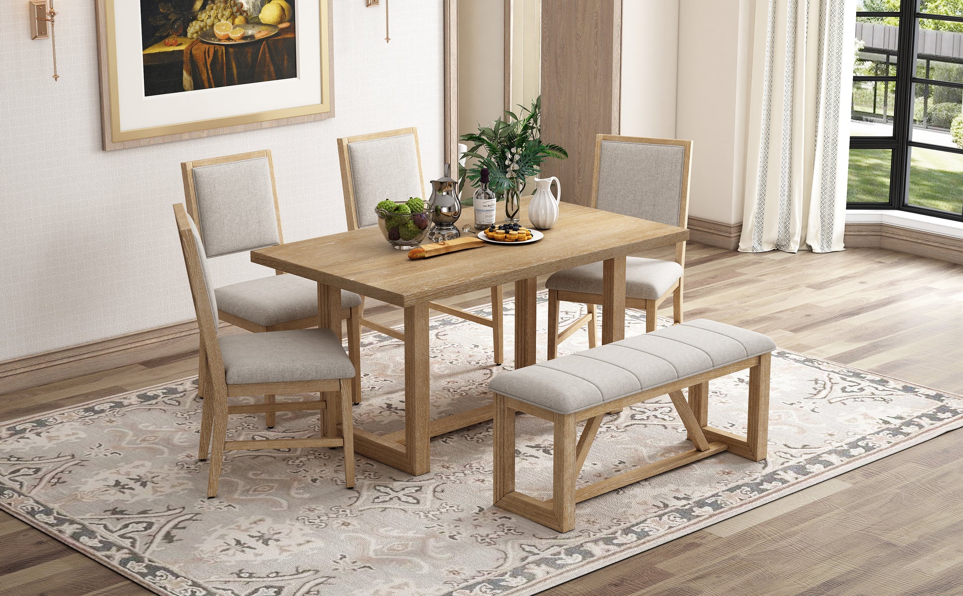 Light oak dining table with four upholstered chairs and a bench