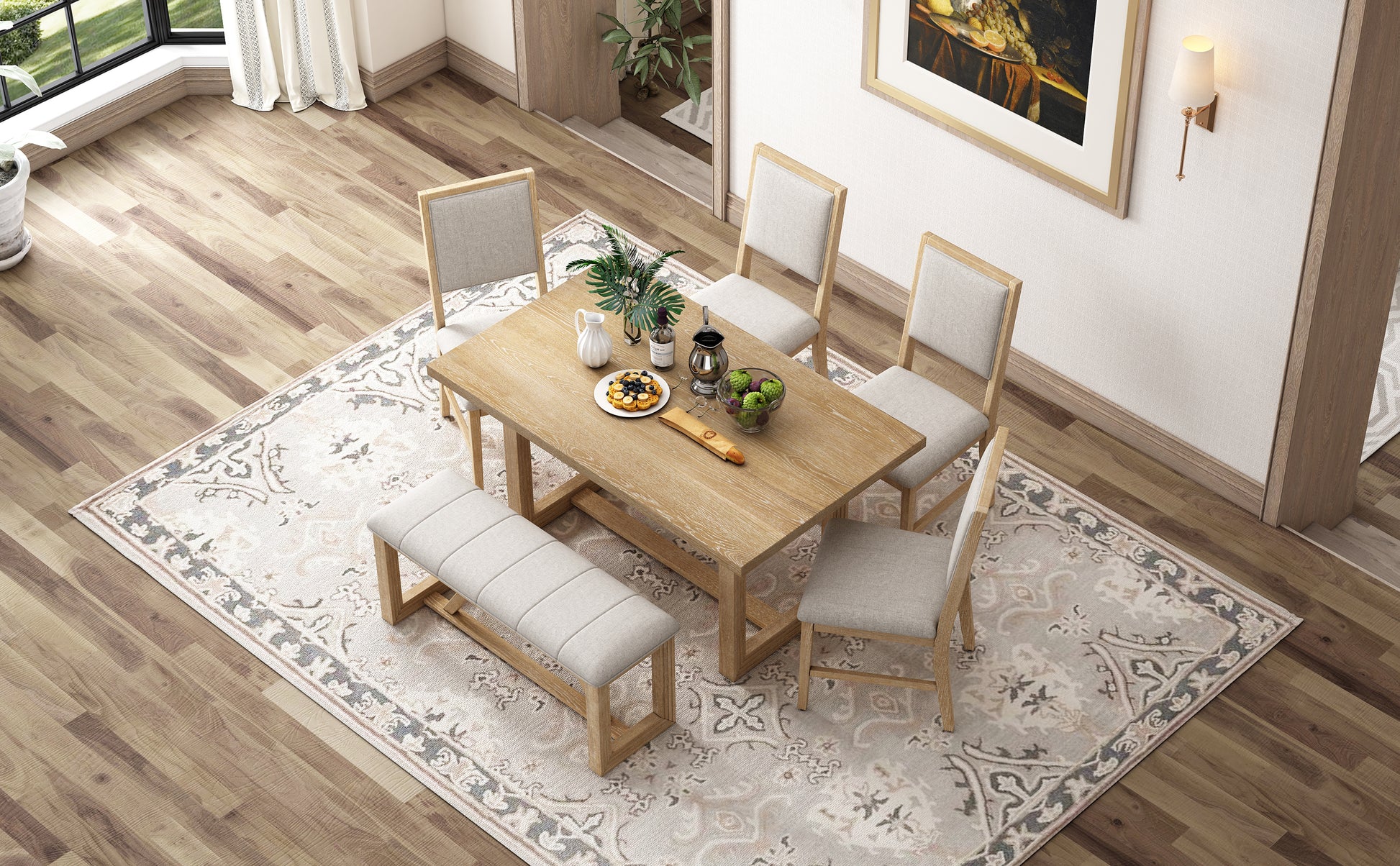 Light oak dining table set with four upholstered chairs and one bench