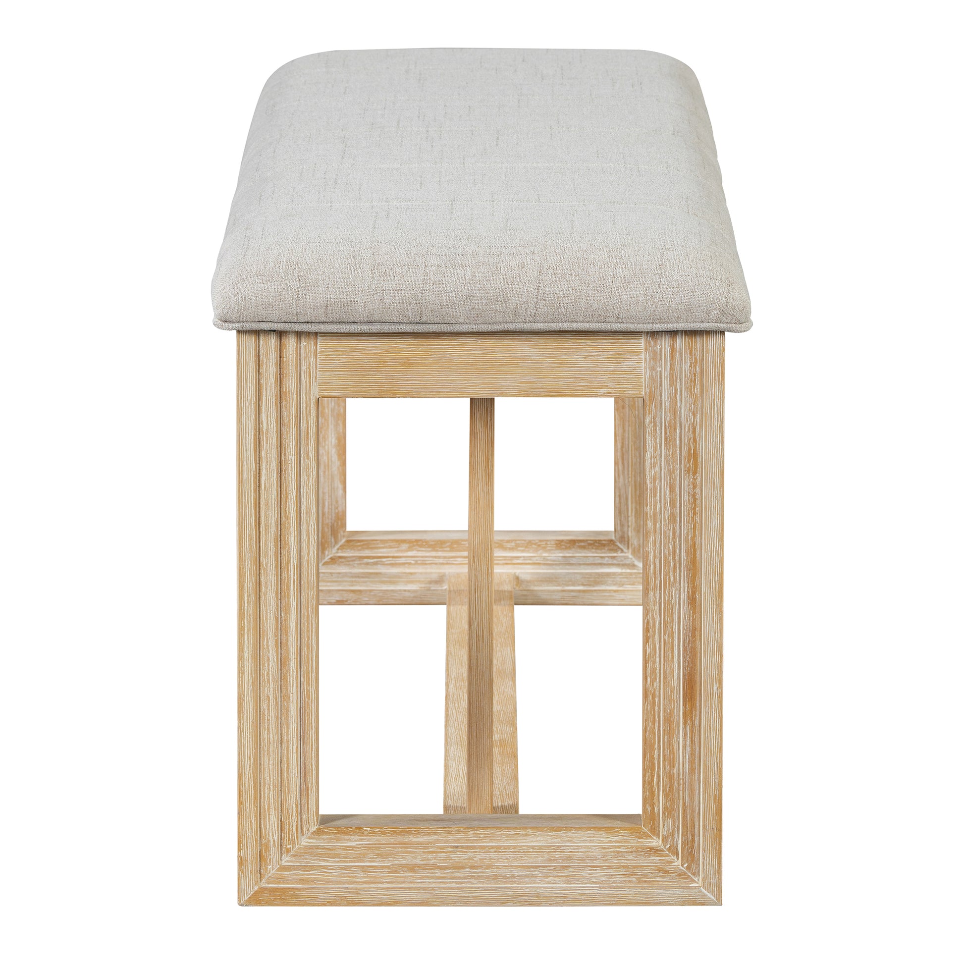 Light grey upholstered bench with natural wood frame