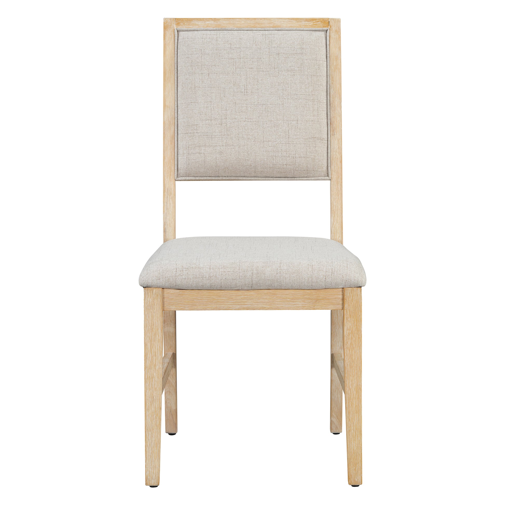 Natural wood dining chair with beige upholstered seat and back