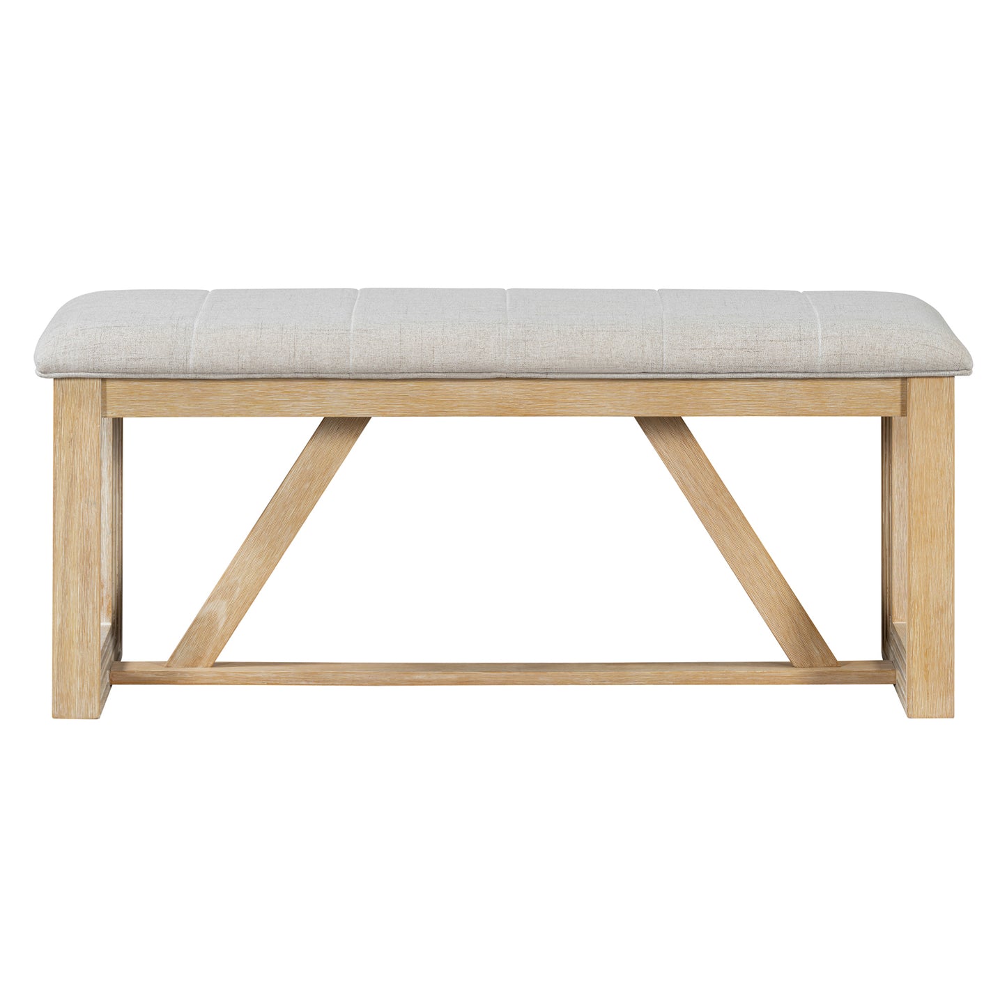 Neutral upholstered bench with light oak wood frame and diamond tufting