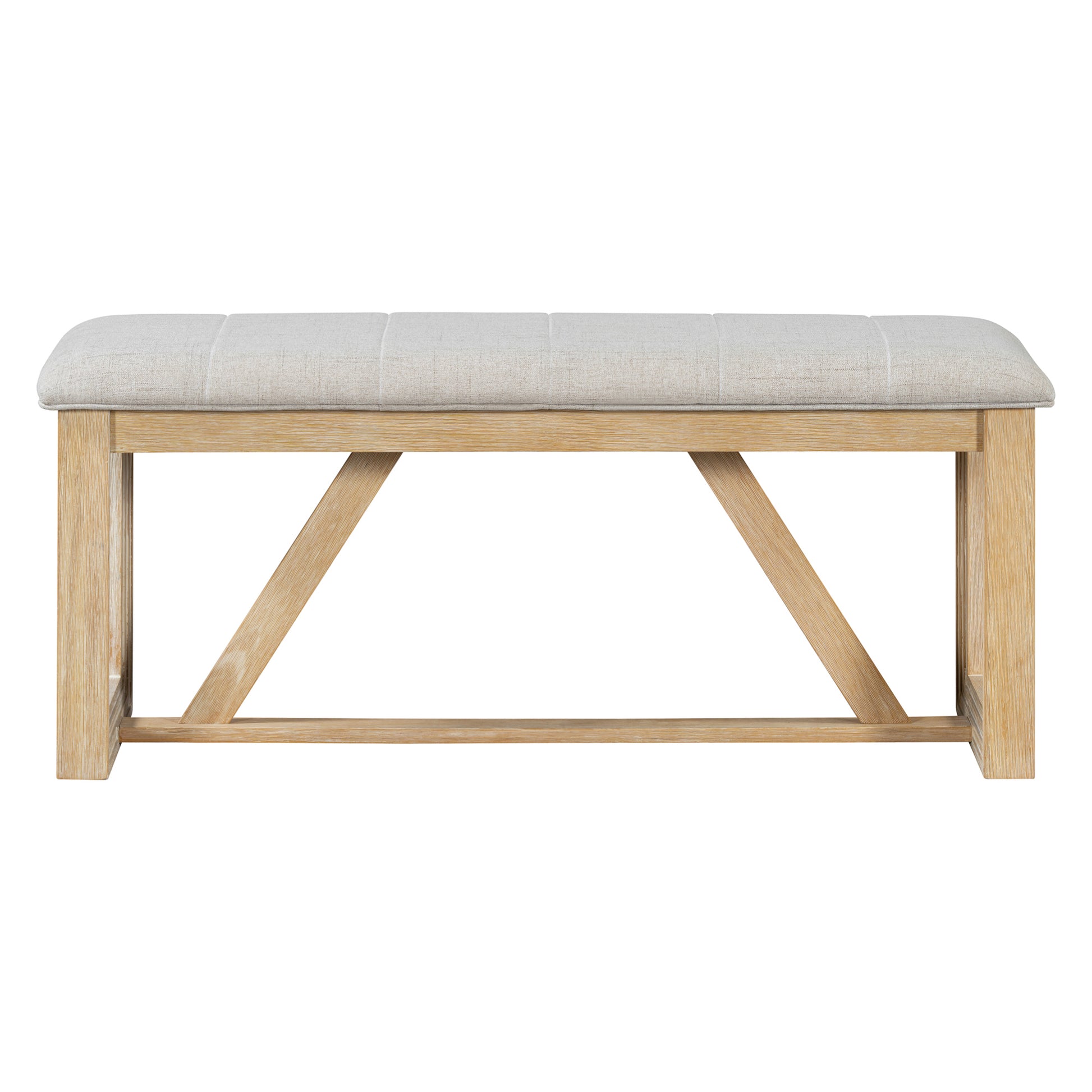 Neutral upholstered bench with light oak wood frame and diamond tufting