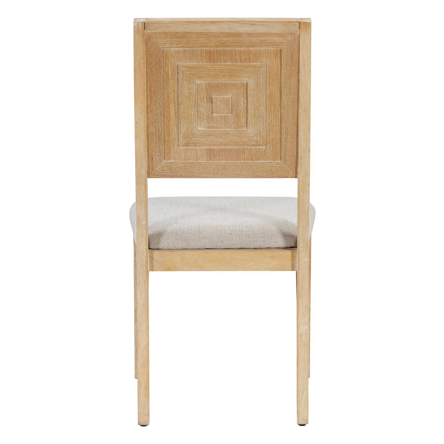 Natural wood dining chair with light grey upholstered seat