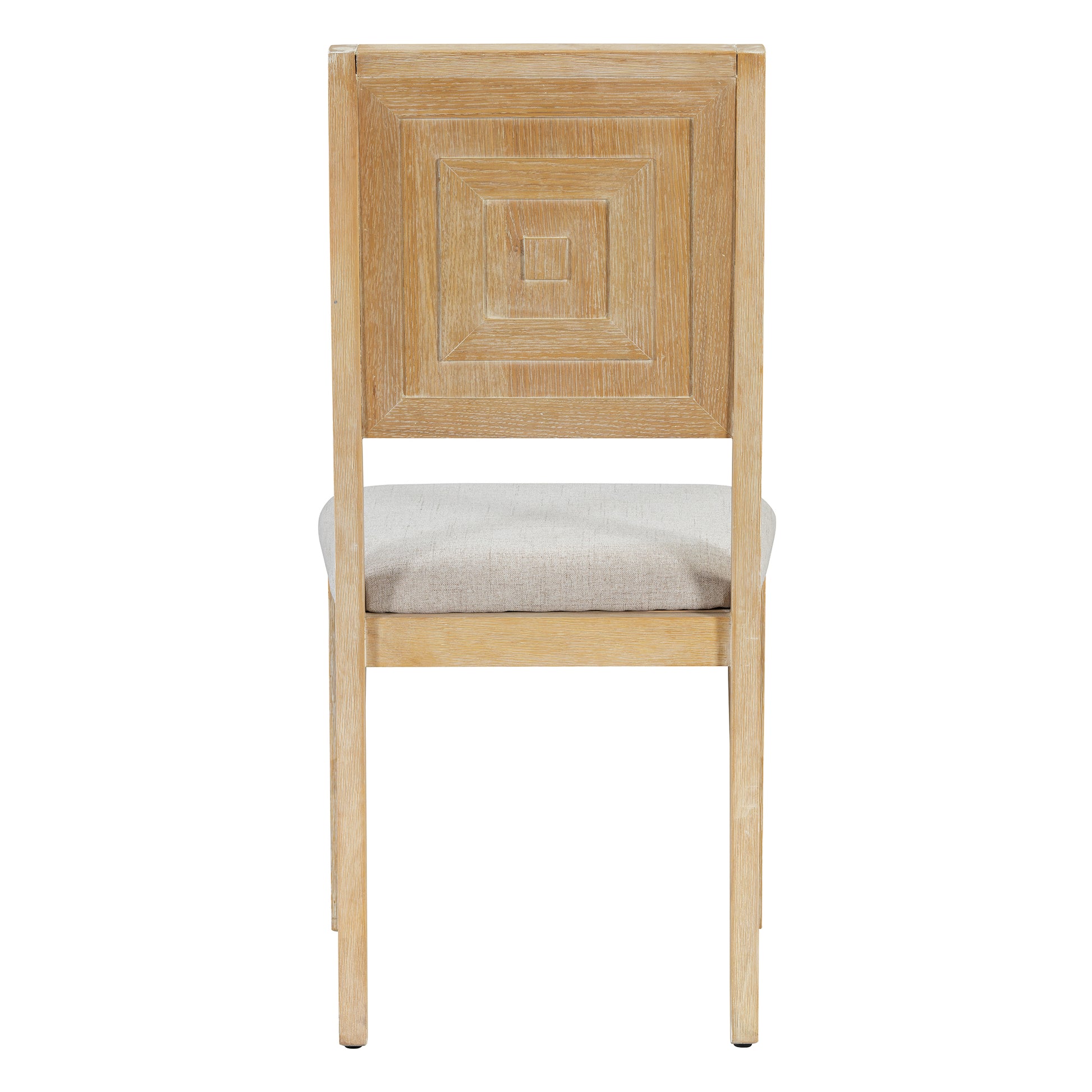 Natural wood dining chair with light grey upholstered seat