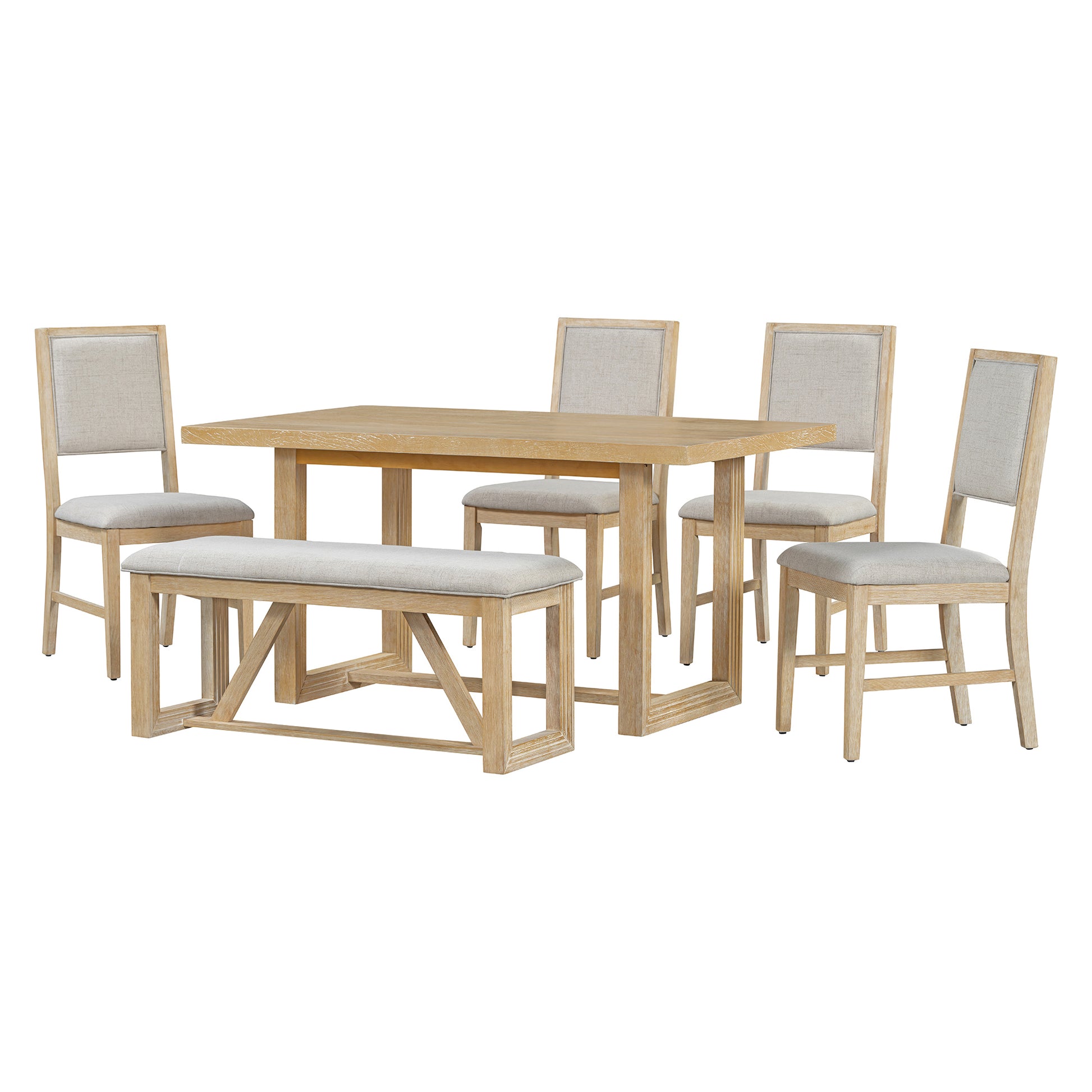 Light oak dining table with upholstered bench and four chairs