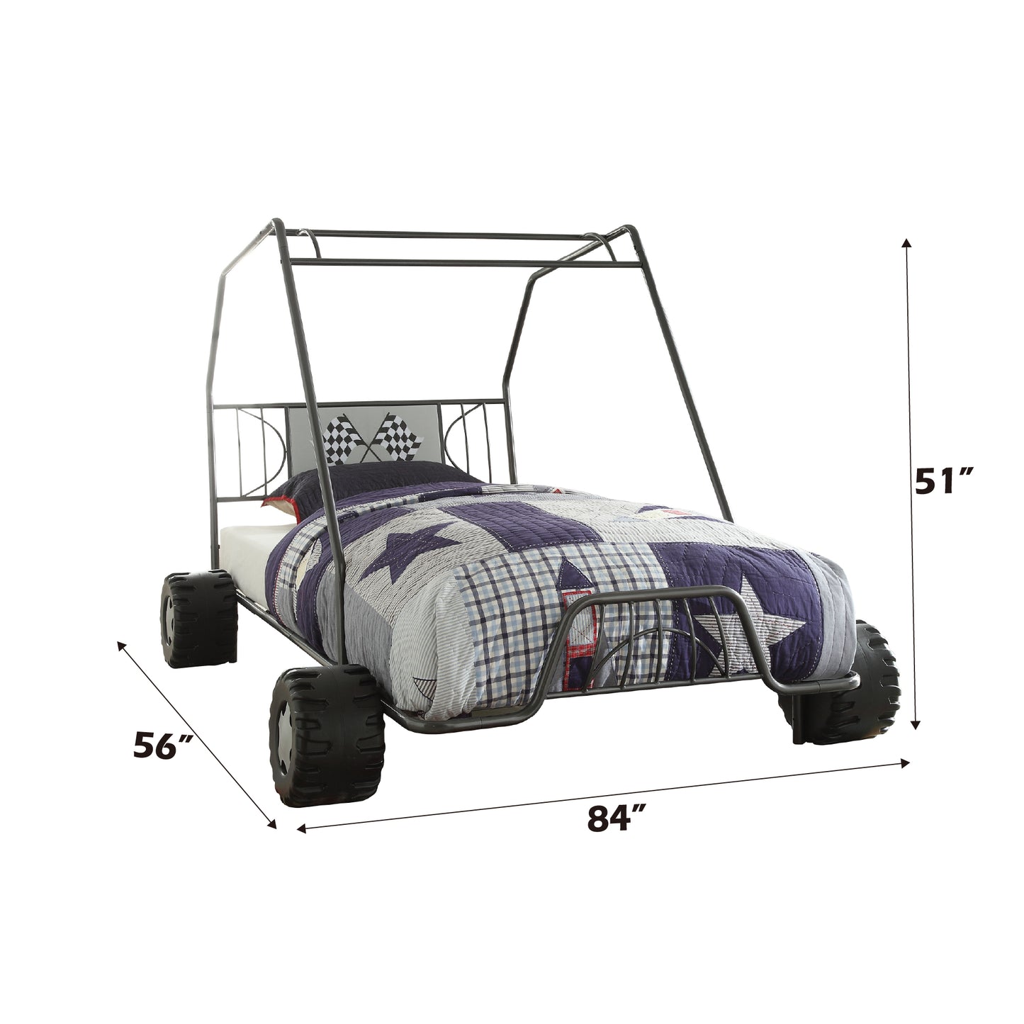 Black metal dune buggy bed frame with race flag headboard and starpatterned bedding