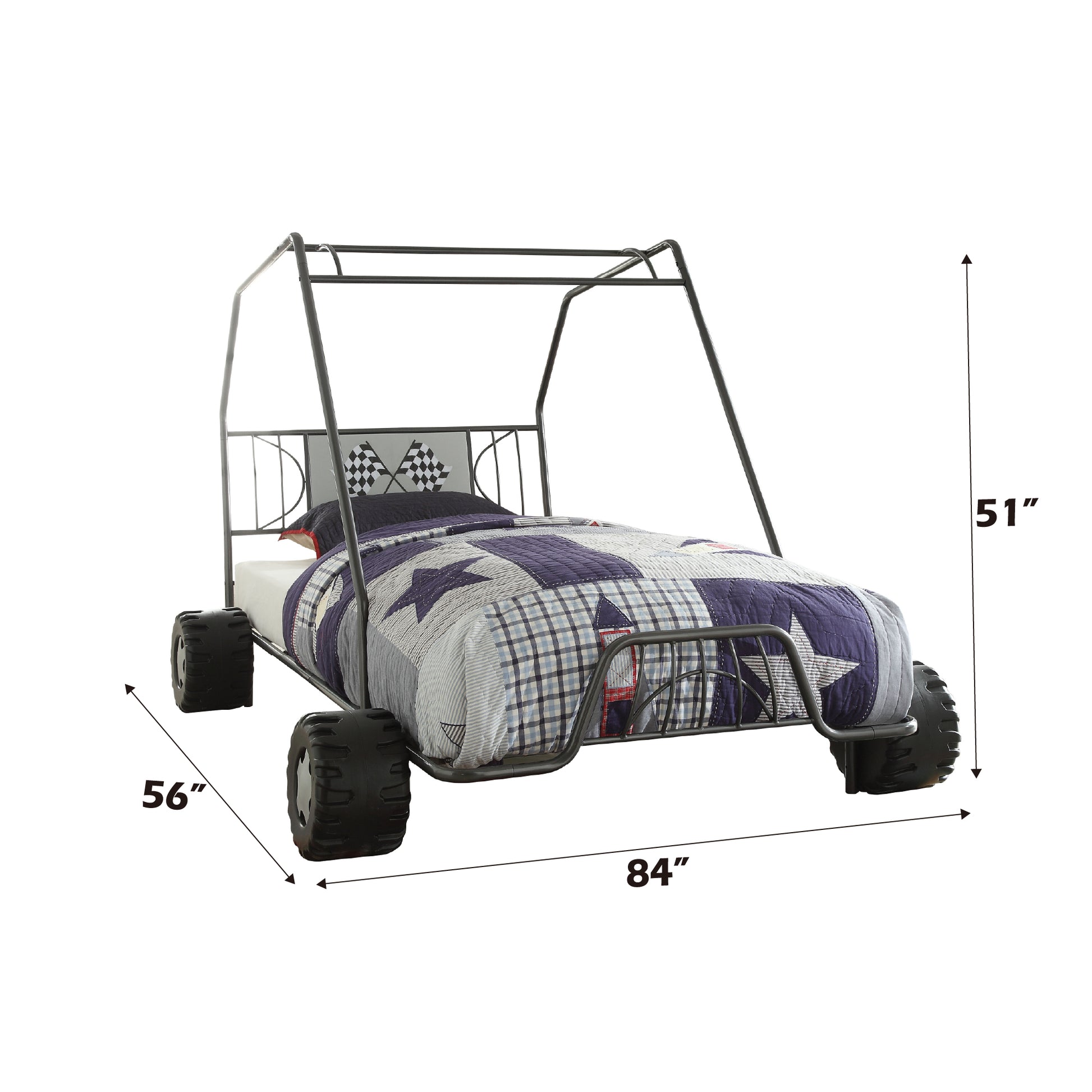 Black metal dune buggy bed frame with race flag headboard and starpatterned bedding