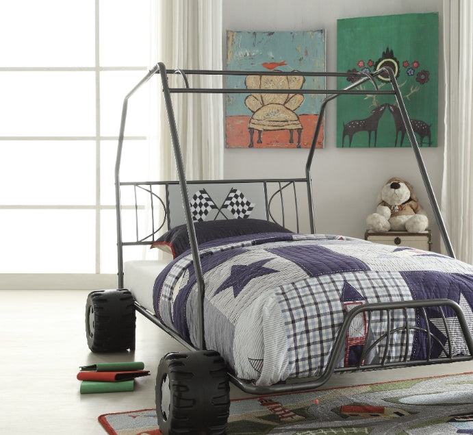 Race car bed frame with tire accents