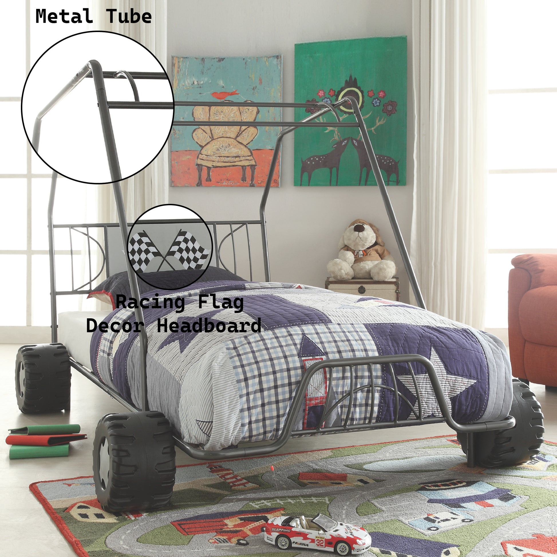 Grey metal twin bed frame with racing flag headboard and tire accents