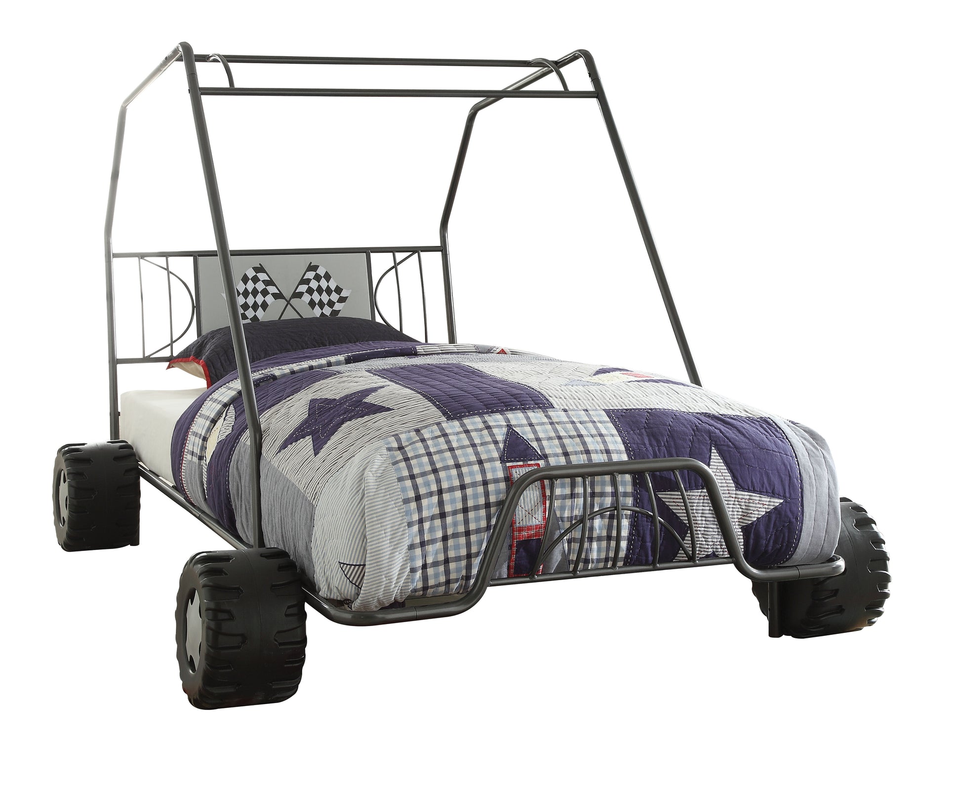 Metal race car bed frame with checkered flag headboard and patchwork quilt bedding