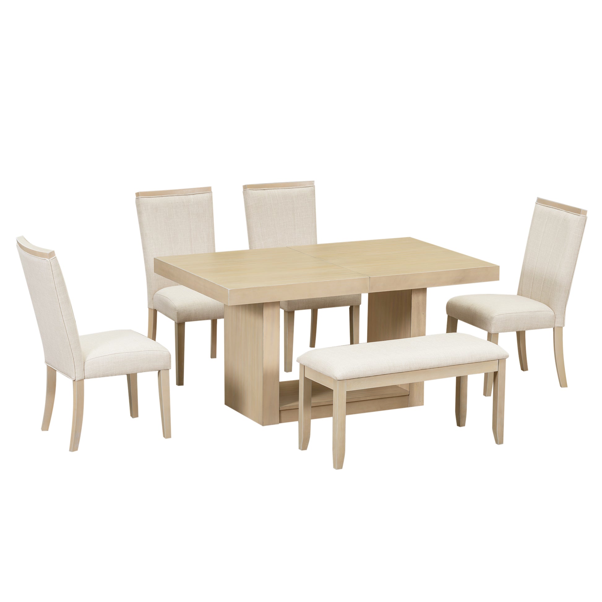 Light oak dining set with upholstered chairs and bench