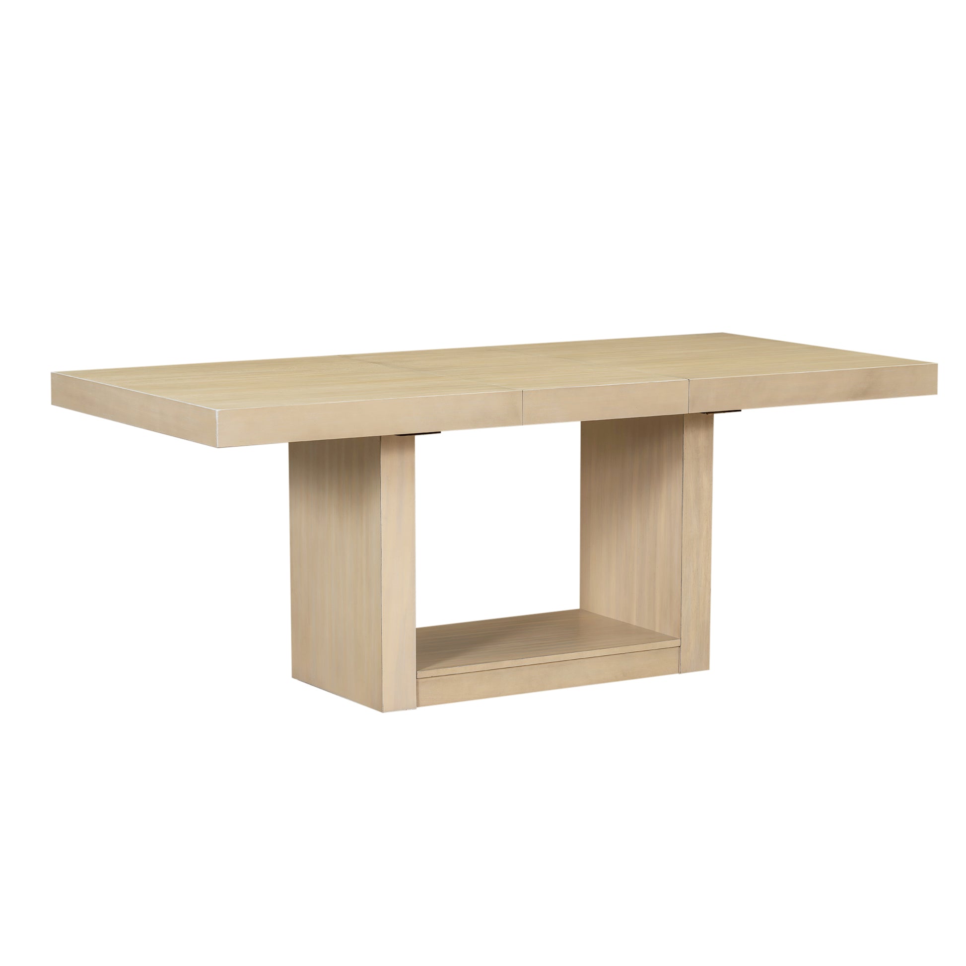Light oak modern dining table with open shelf base