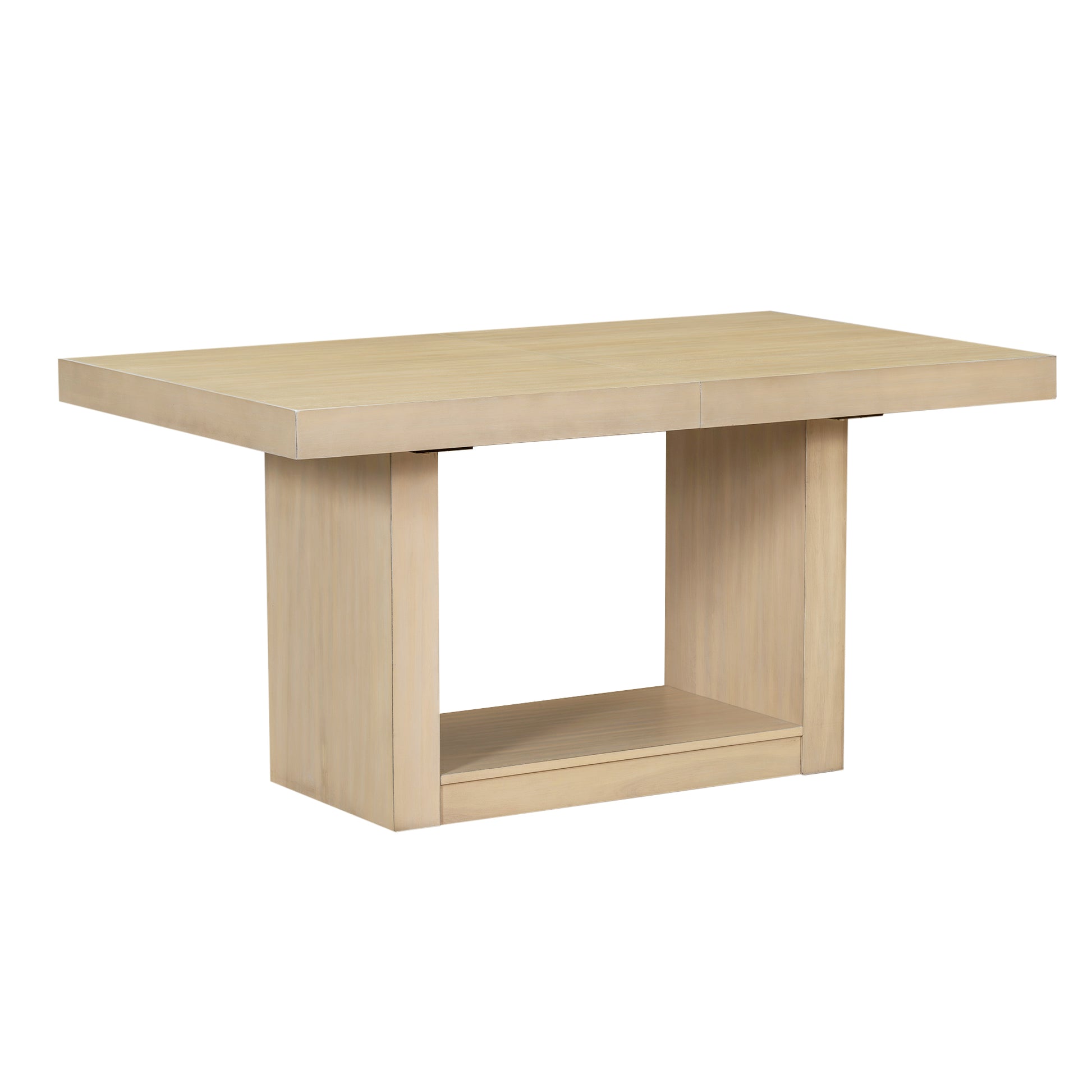 Light oak dining table with clean lines and a modern block pedestal base