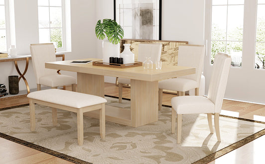 Light wood extendable dining table with upholstered chairs and bench