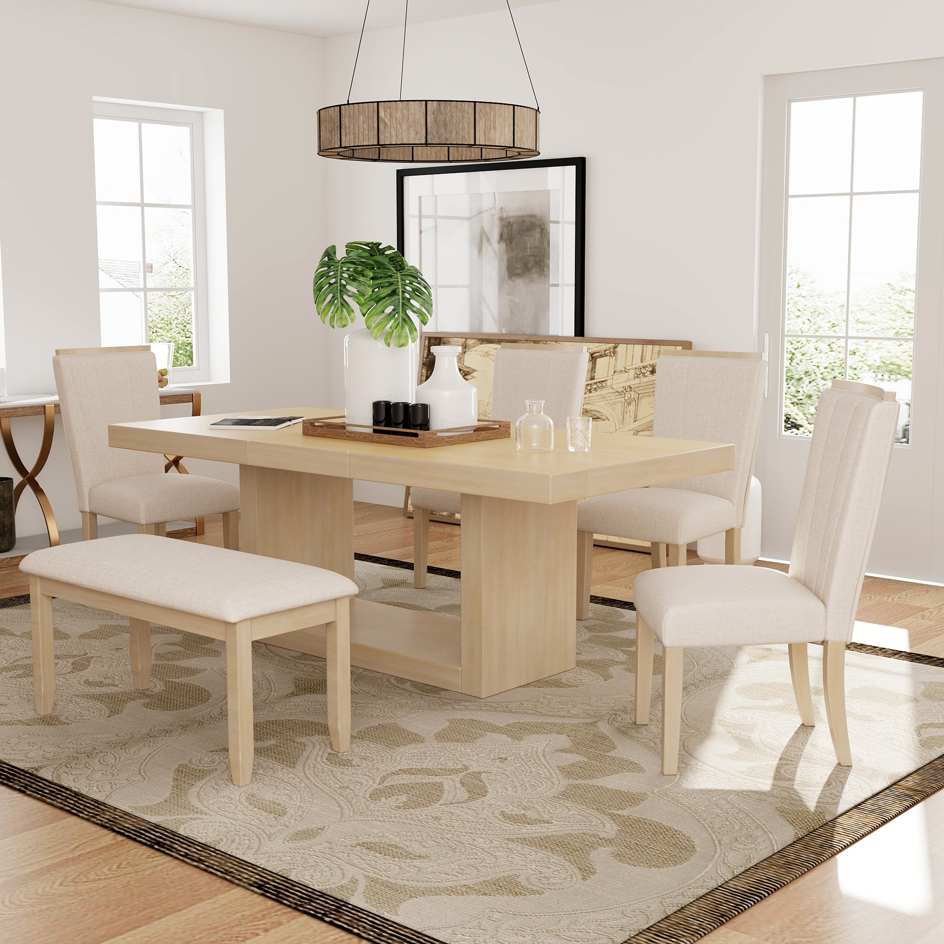 Modern dining table with neutral upholstered chairs
