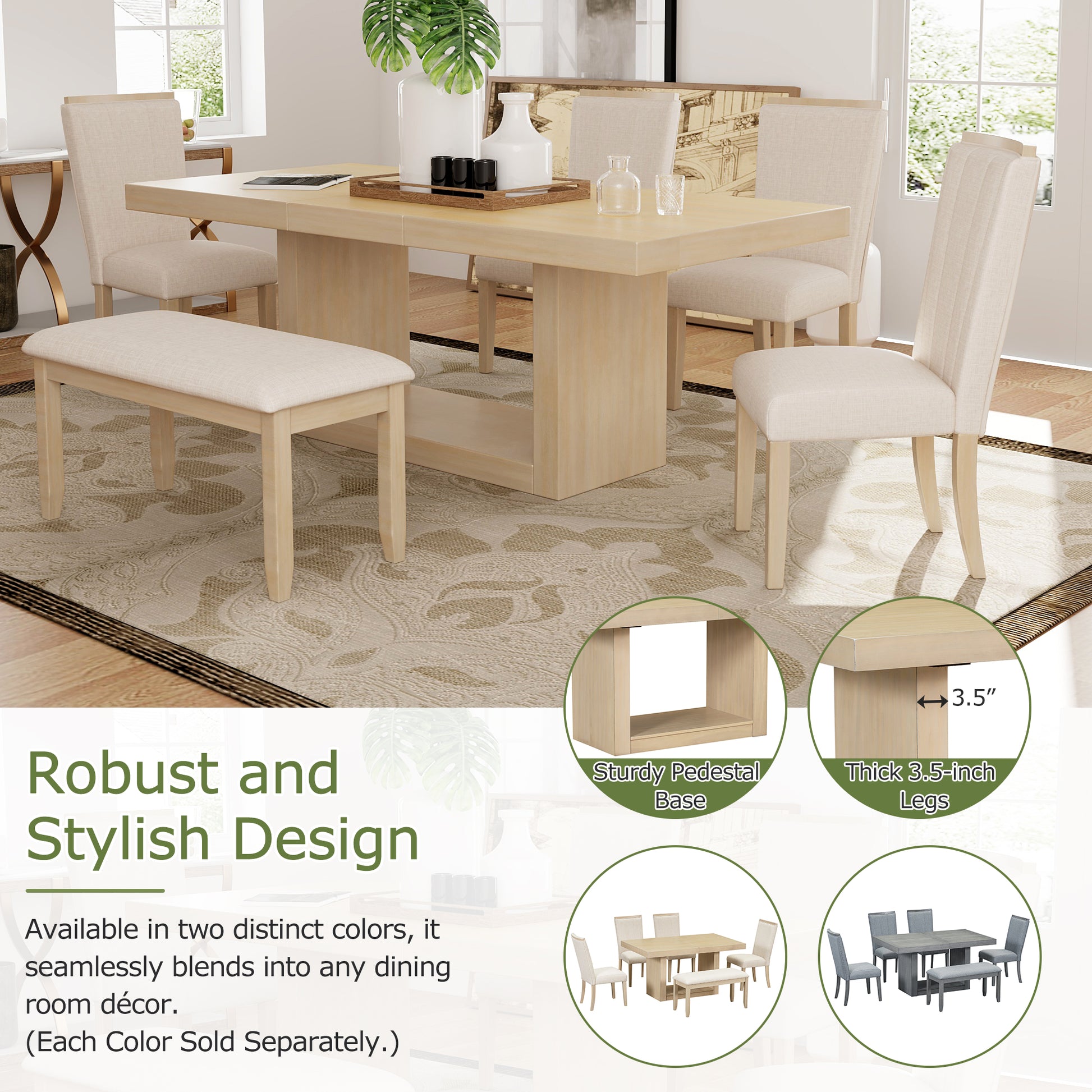 Light wood dining table with beige upholstered chairs and bench
