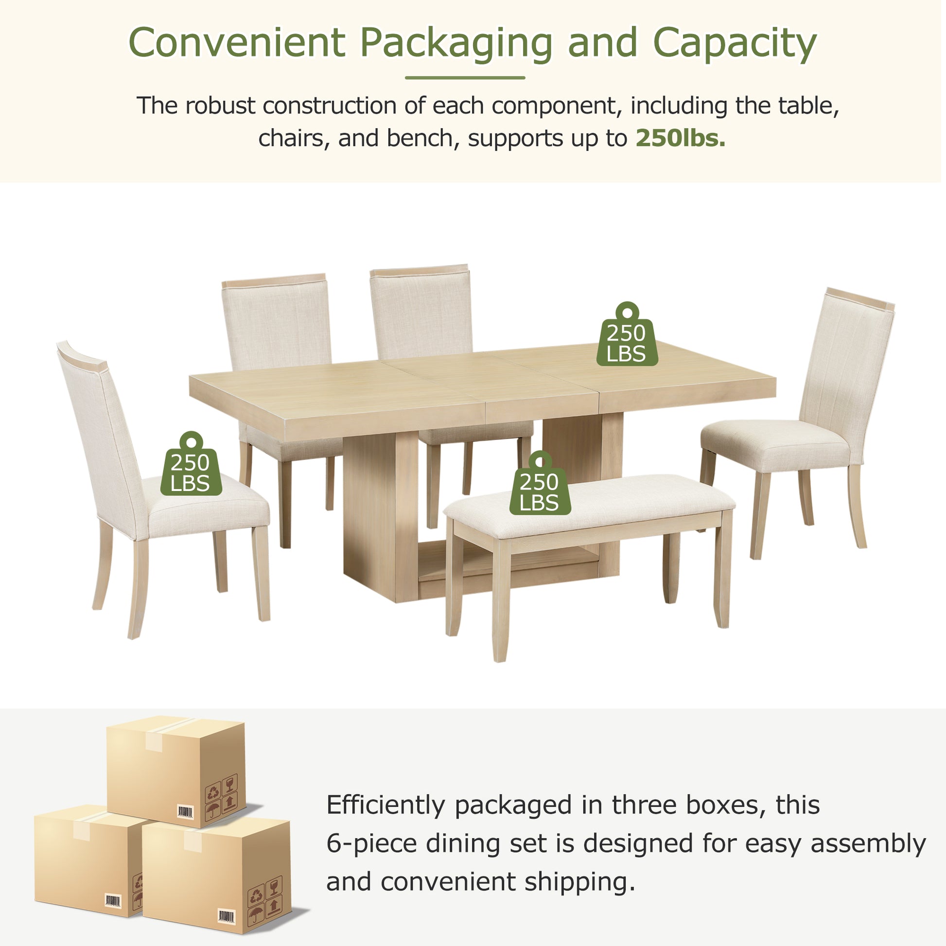 Light oak dining set with upholstered chairs and bench supports  lbs each