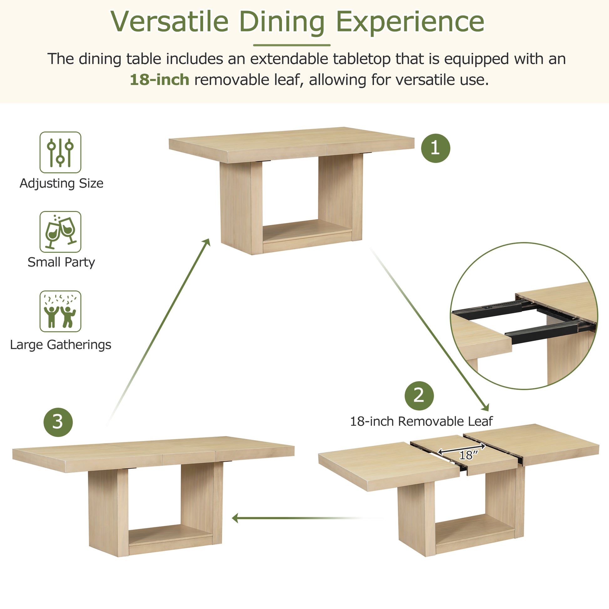 Light wood dining table with removable leaf extended