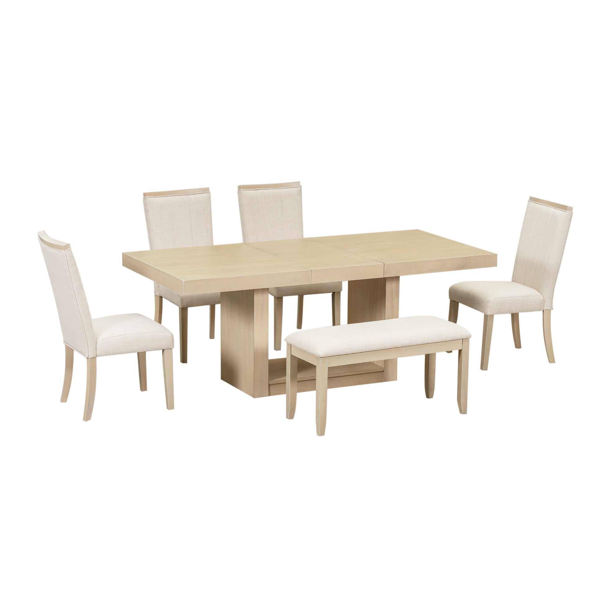Modern light wood dining set with upholstered bench and four chairs