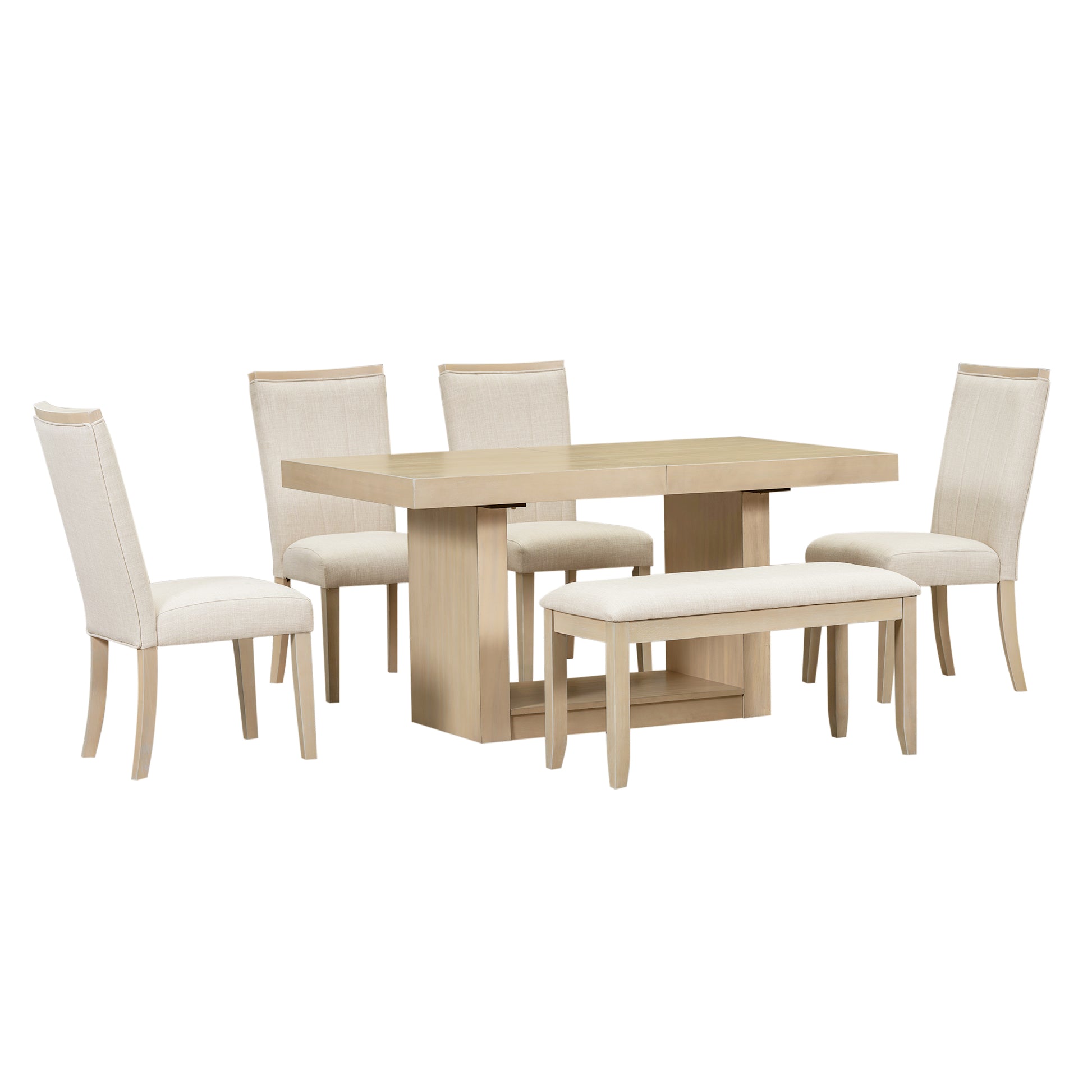 Light oak dining table with upholstered chairs and bench