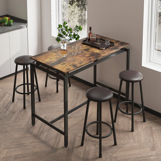 Rustic wood finish bar table with metal frame and four black stools