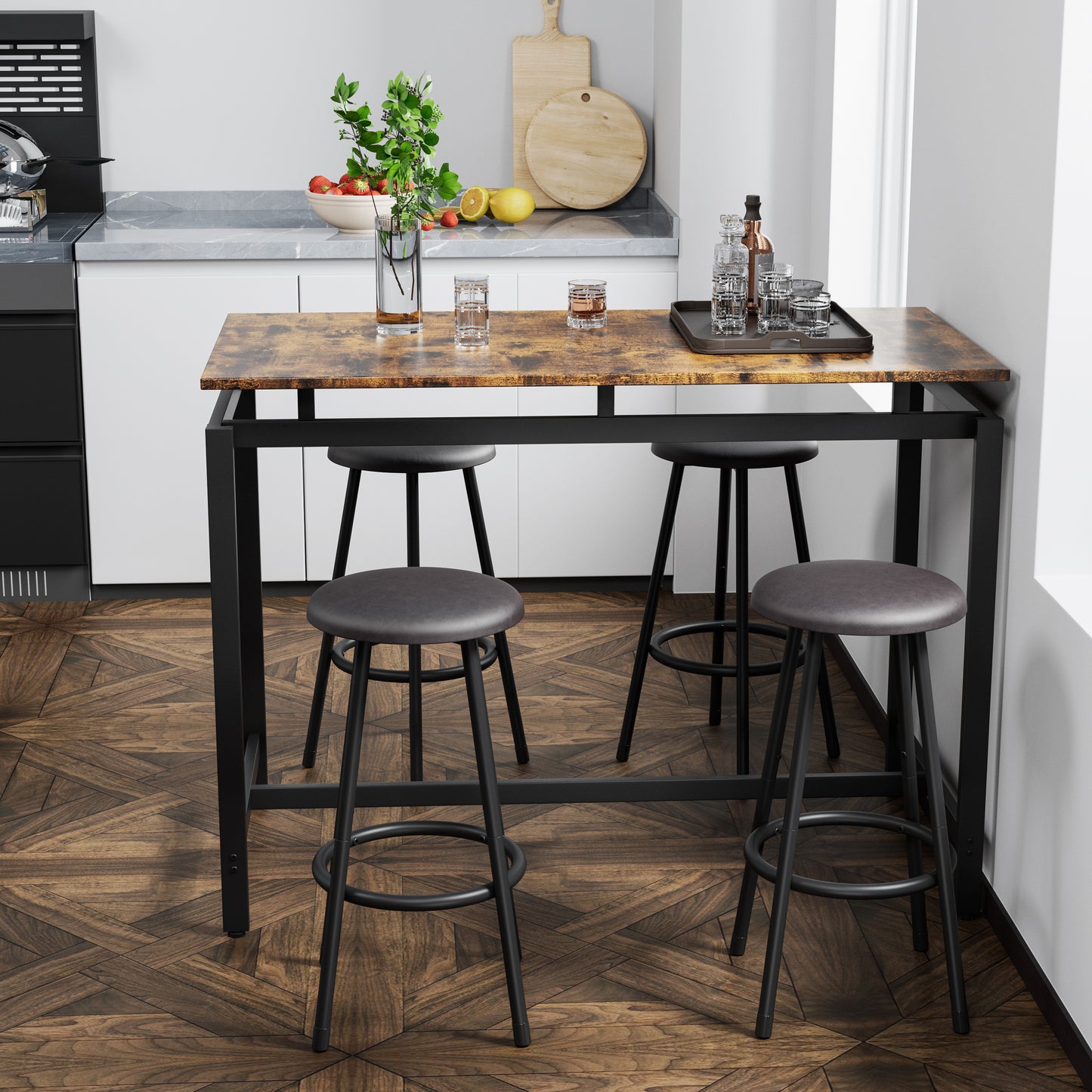 Rustic wood top bar table with black metal legs and four dark gray stools