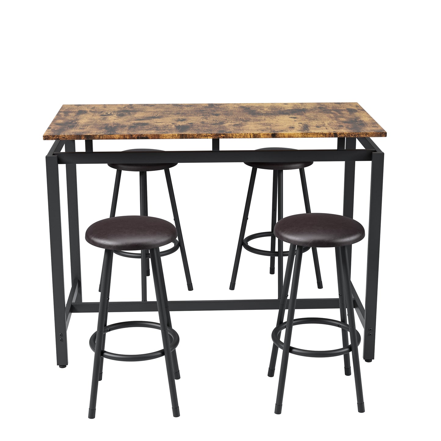 Rustic brown wood top bar table with four dark brown faux leather stools and black metal frame