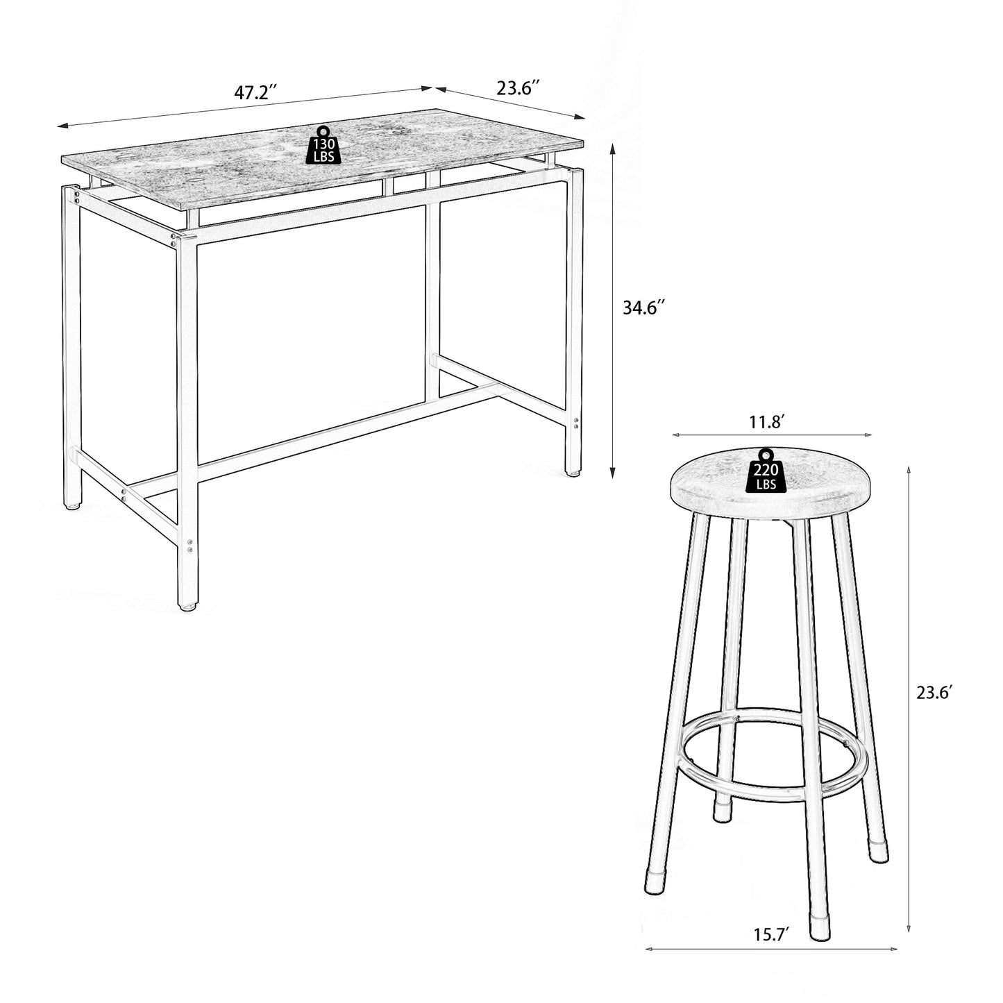 Modern bar table with marblepatterned top and silver metal frame
