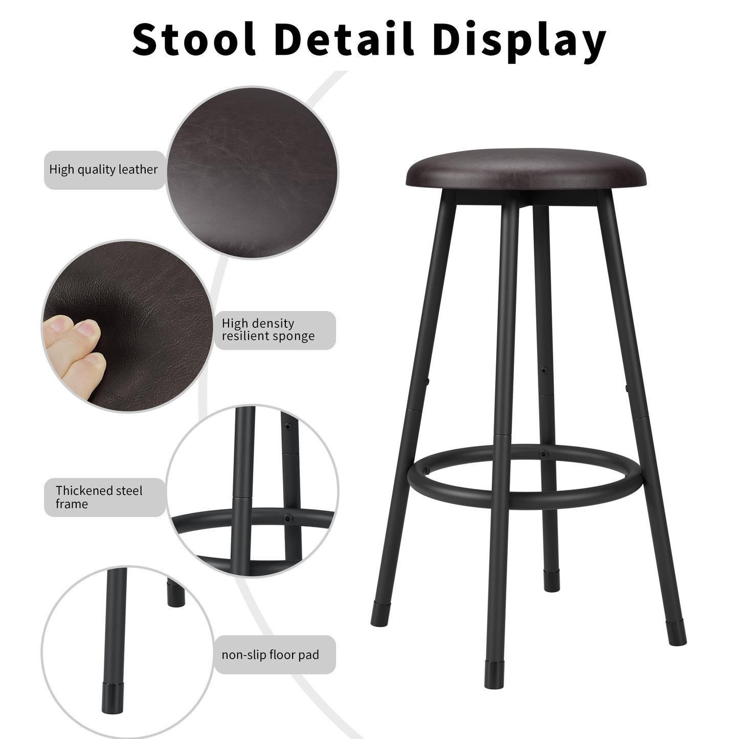 Dark brown round stool with cushioned leather seat and black metal frame