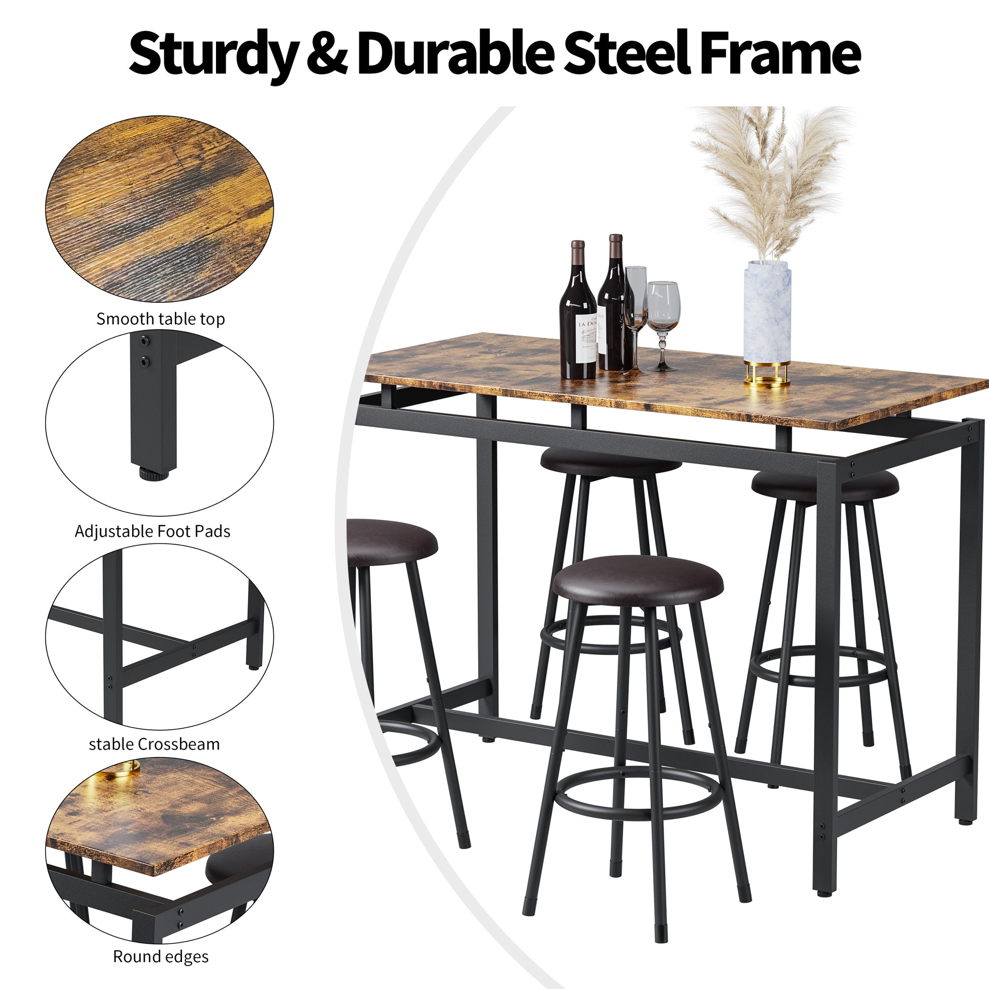 Rustic brown bar table with black metal frame and four stools