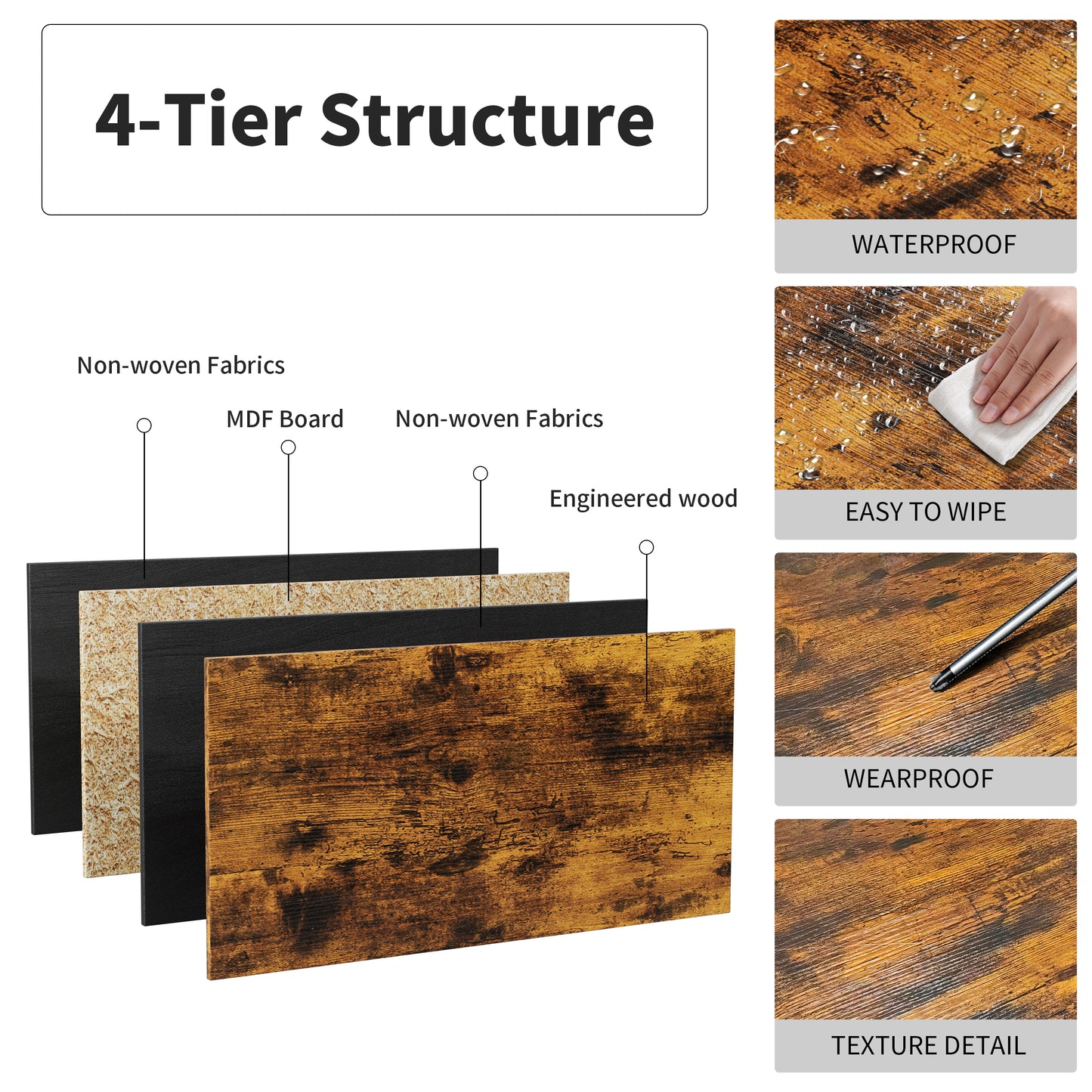 Layered structure of a tier shelf nonwoven fabrics MDF board and engineered wood