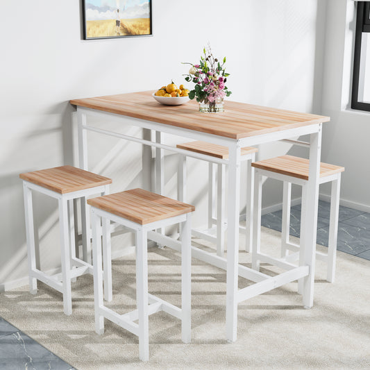 Modern white and wood pub table set with four stools