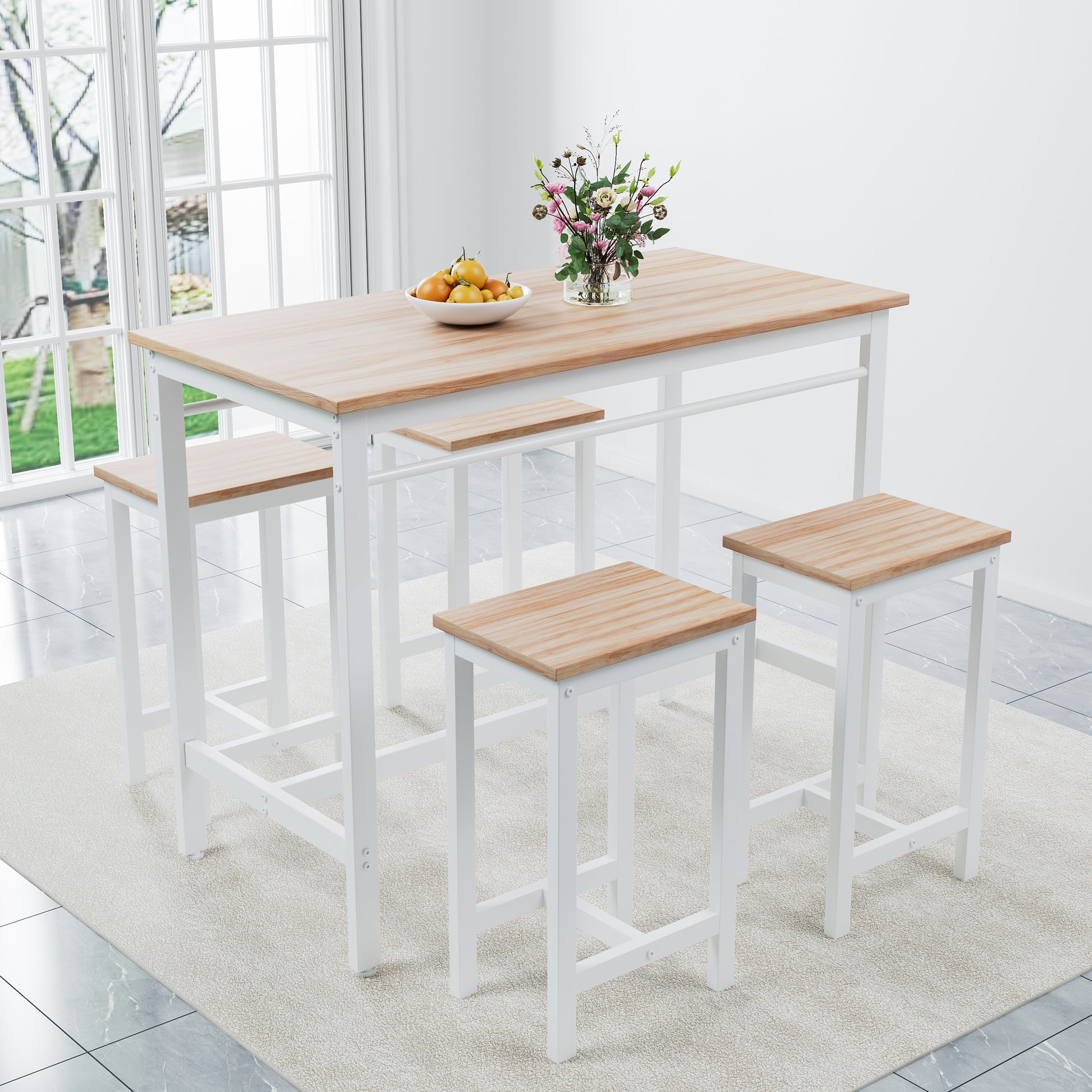 Wooden top white metal frame dining table with four stools