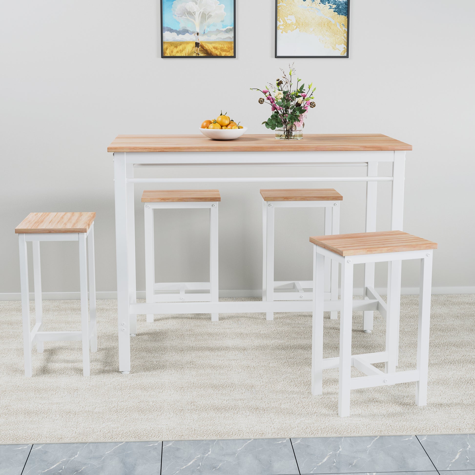 White metal bar table with natural wood top and four matching bar stools