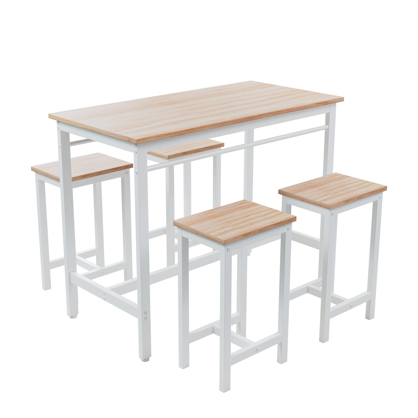 Compact white metal frame bar table with natural wood top and  stools