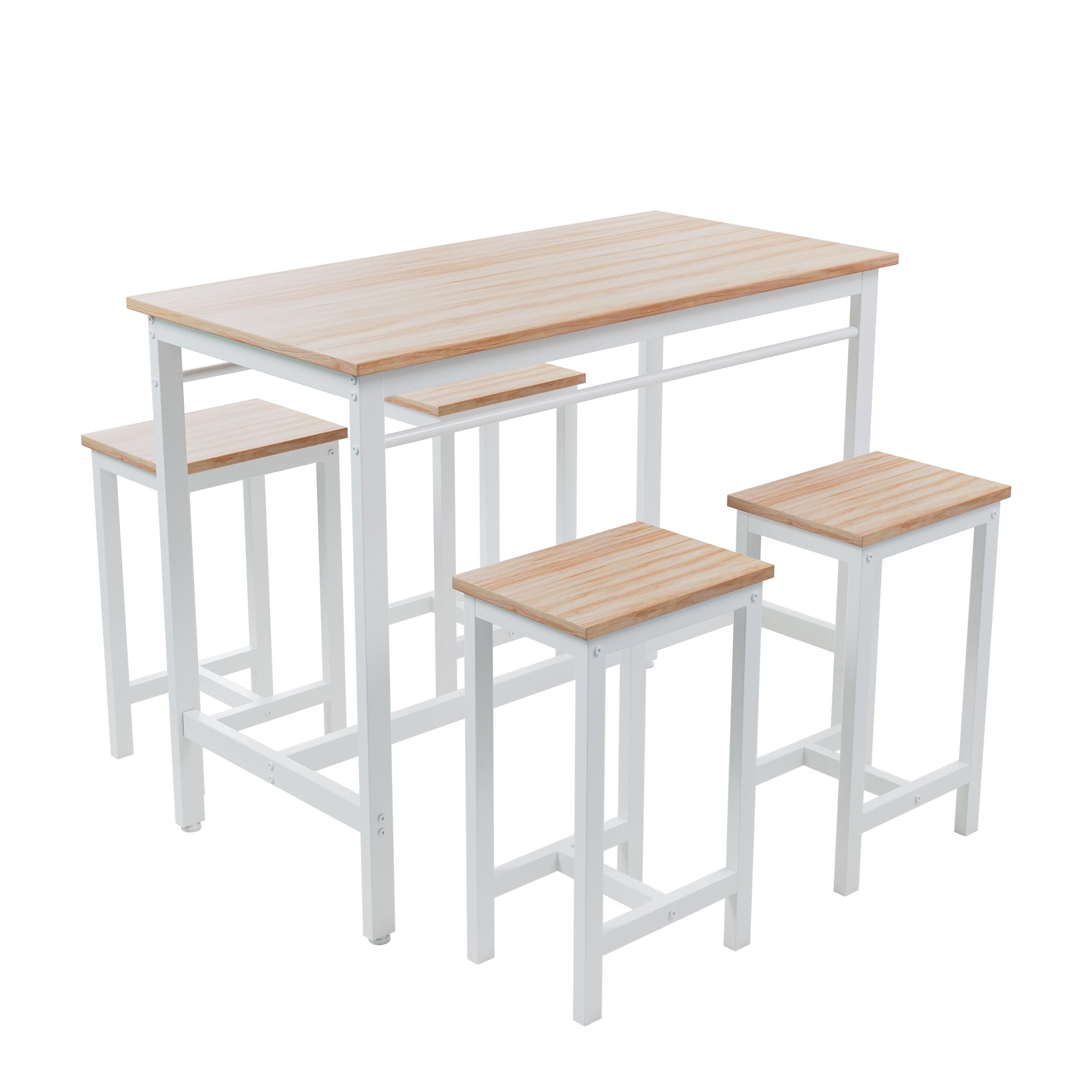 Compact white metal frame bar table with natural wood top and  stools