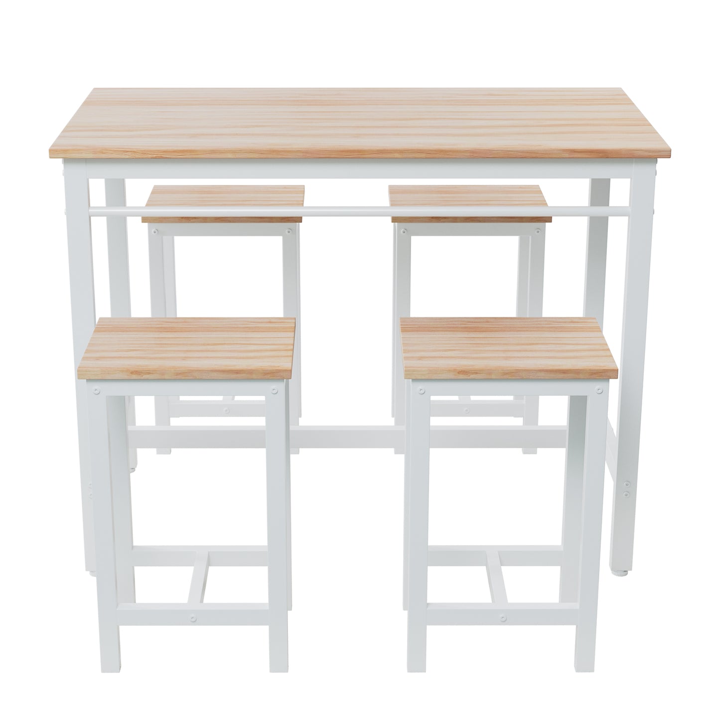 Compact pine wood and white metal bar table set with four stools