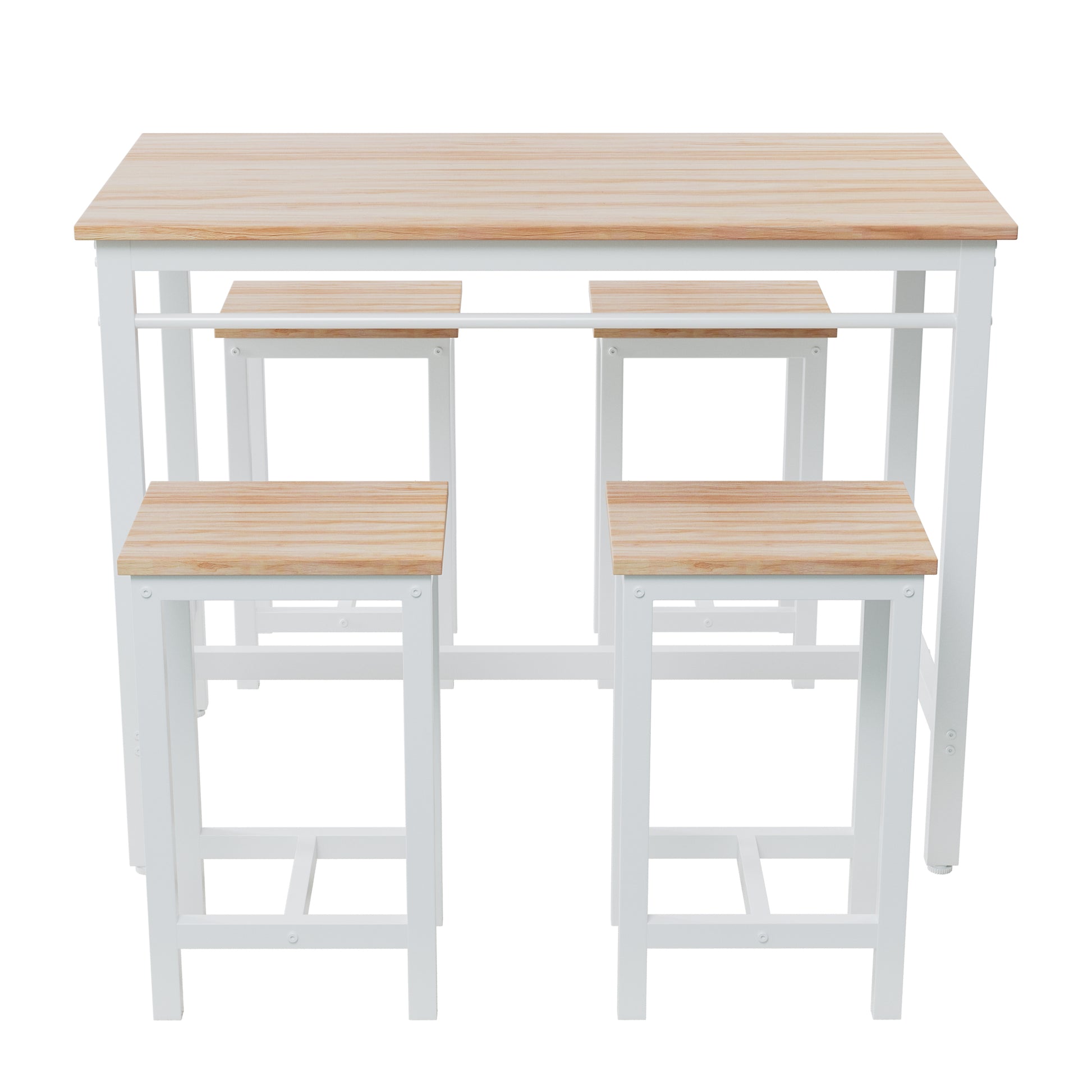 Compact pine wood and white metal bar table set with four stools