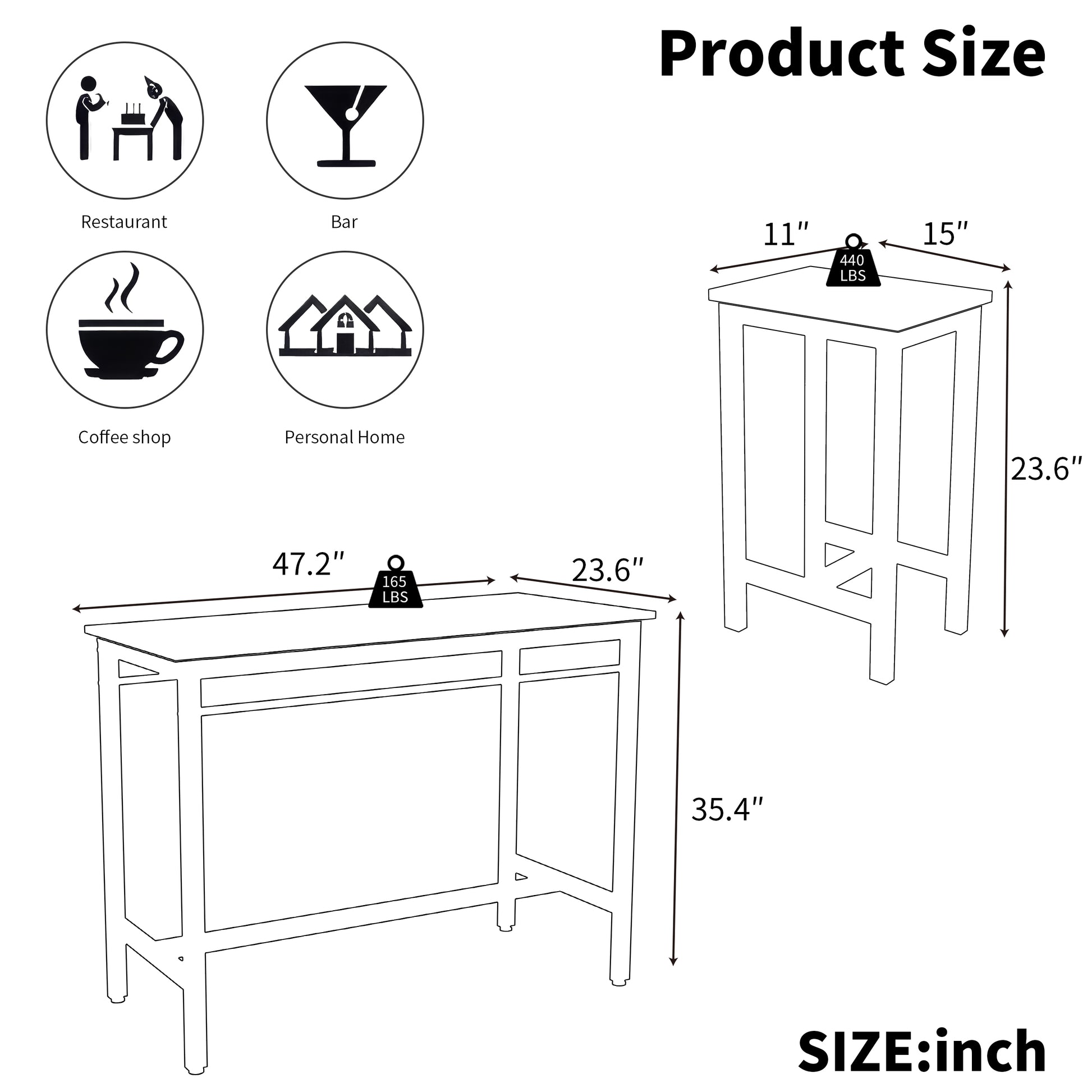 Line drawing of a bar table with dimensions  x  x   lbs capacity