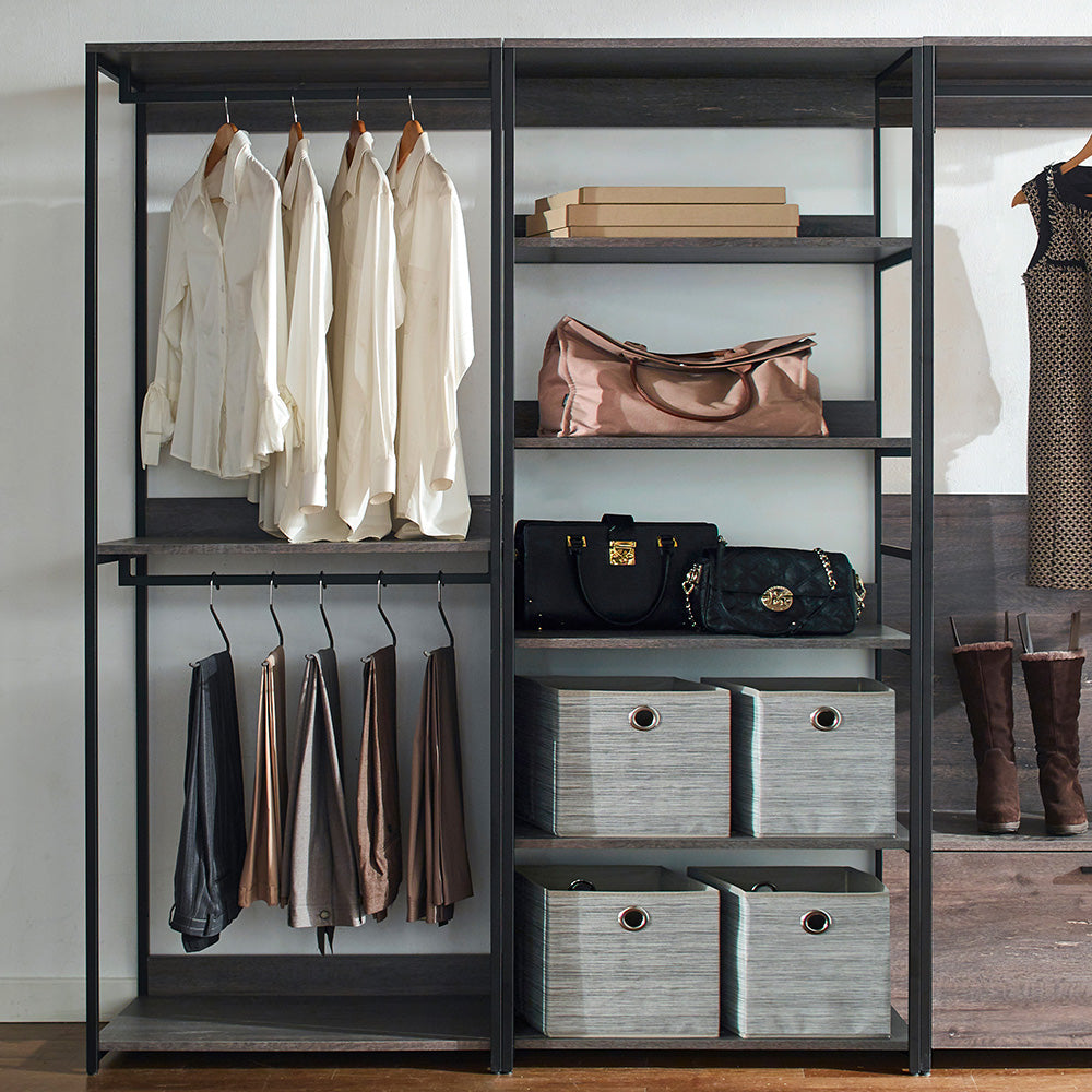 Modern open closet system with hanging shirts and pants