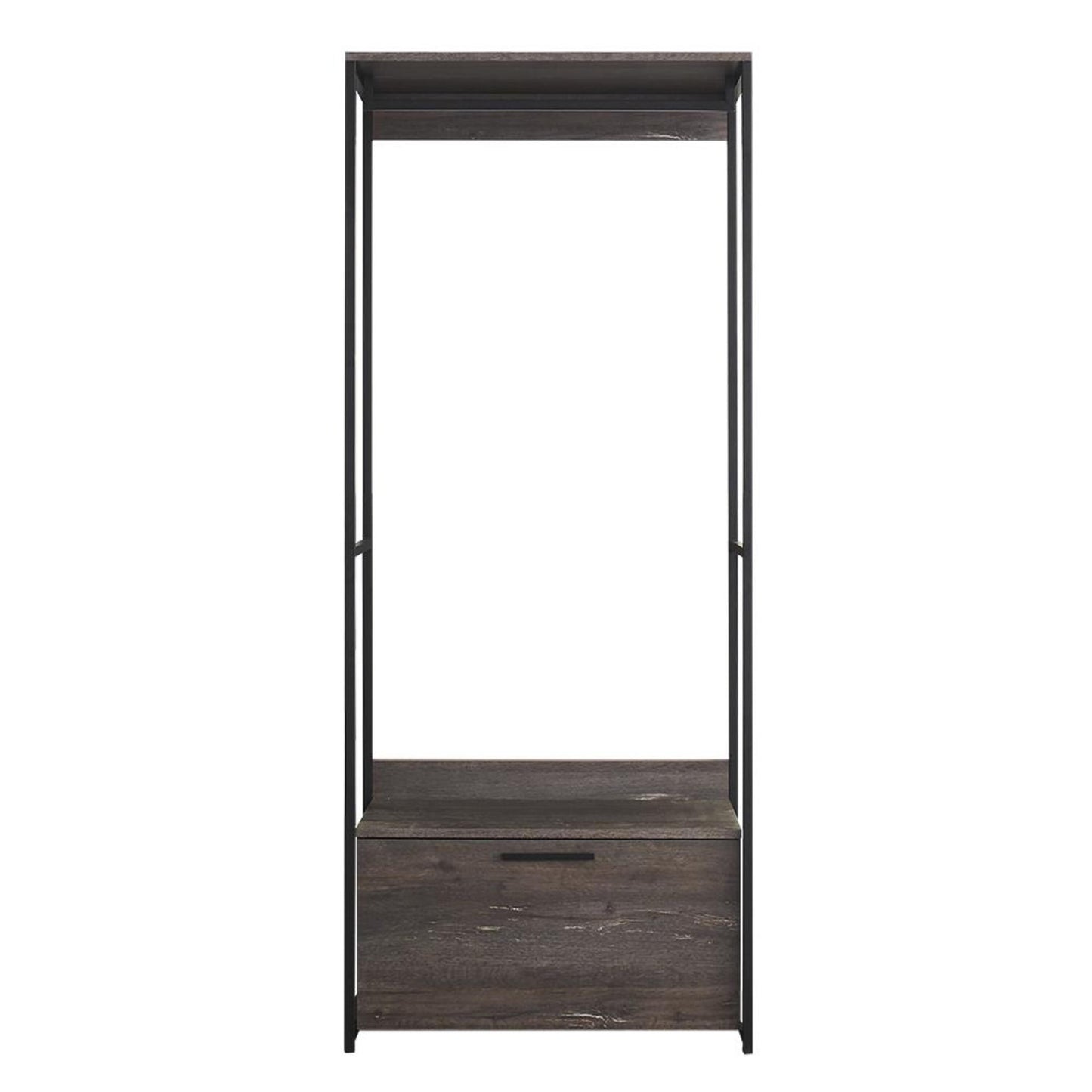 Dark wood entryway hall tree with metal frame and drawer