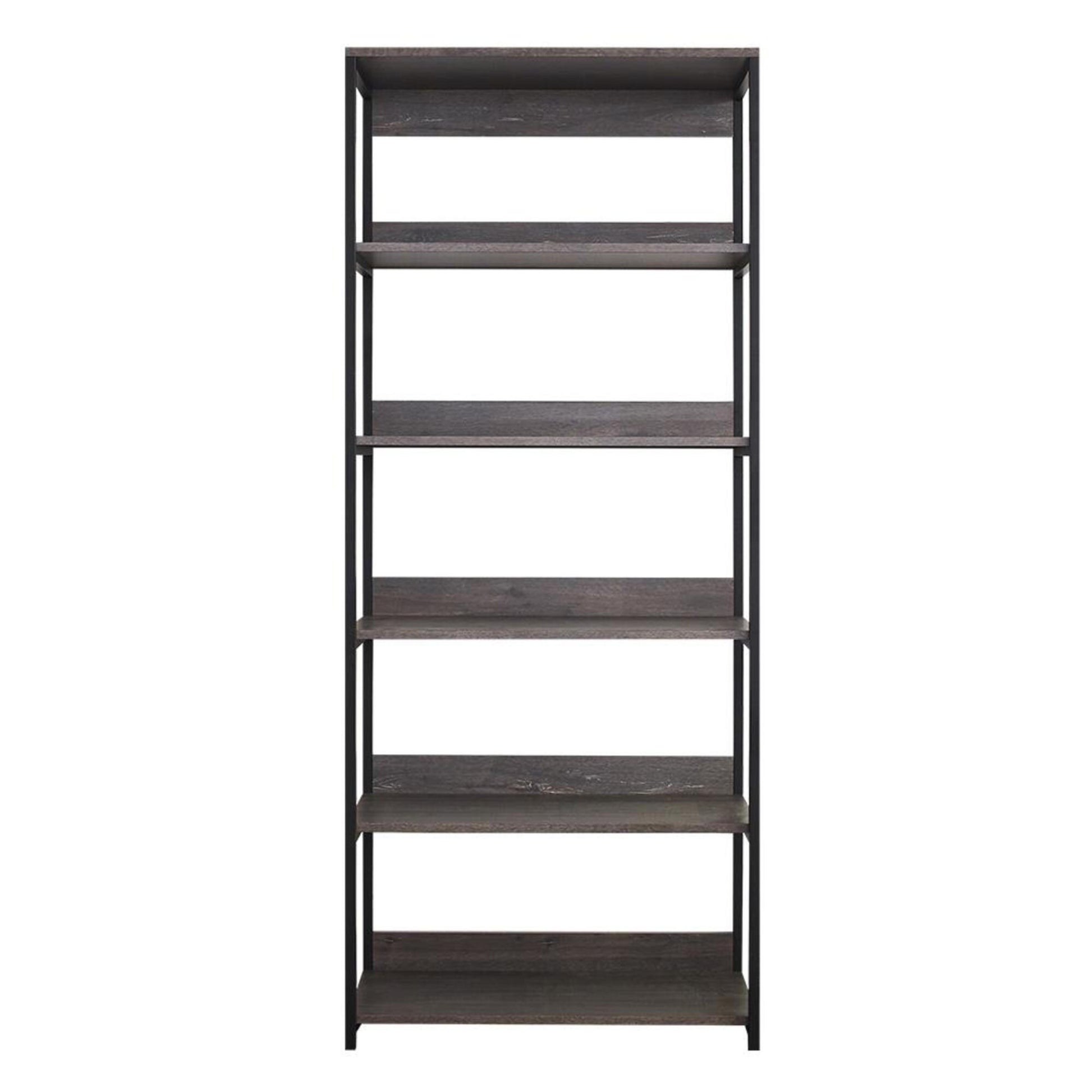 Rustic wood bookshelf with black metal frame and  shelves