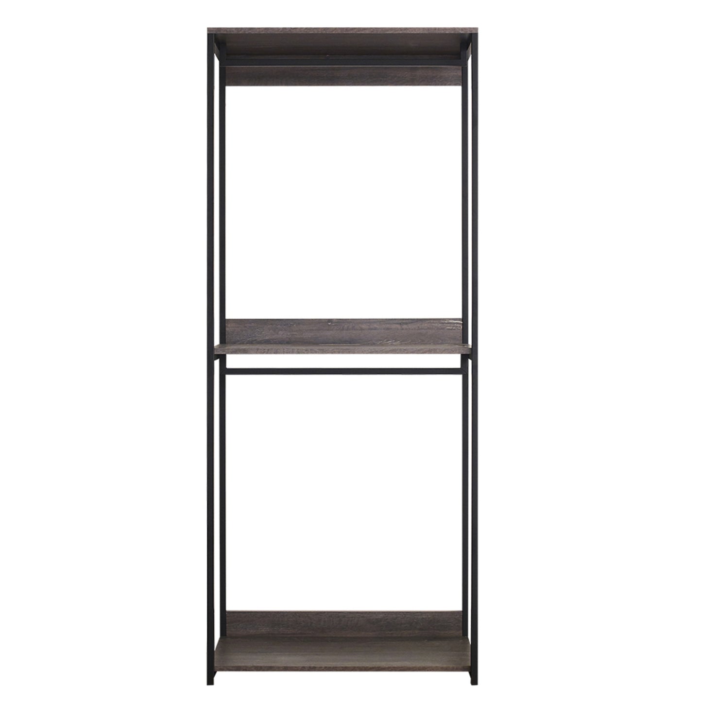 Rustic wood and black metal open wardrobe rack with shelves