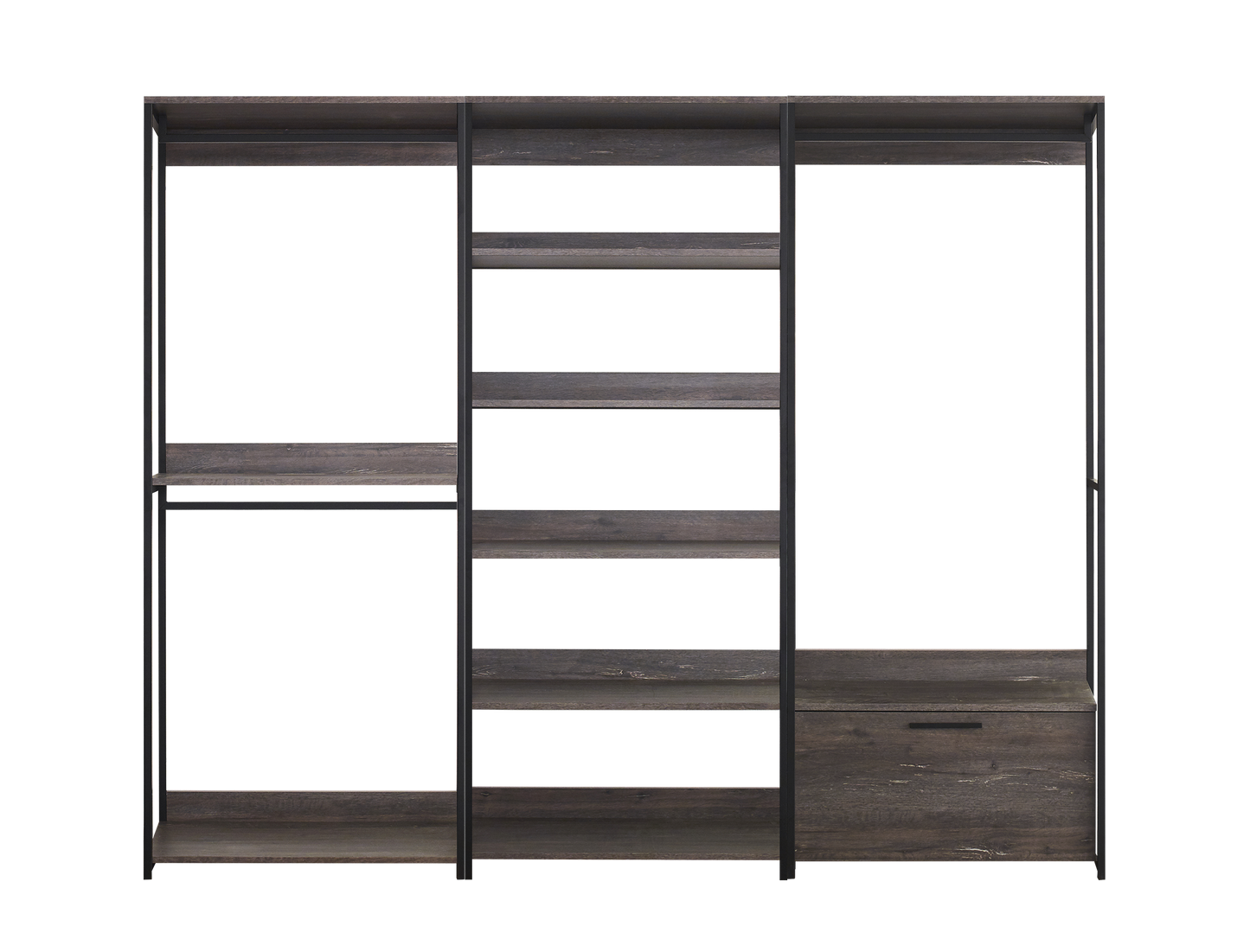 Modern open bookcase with dark wood shelves and black metal frame