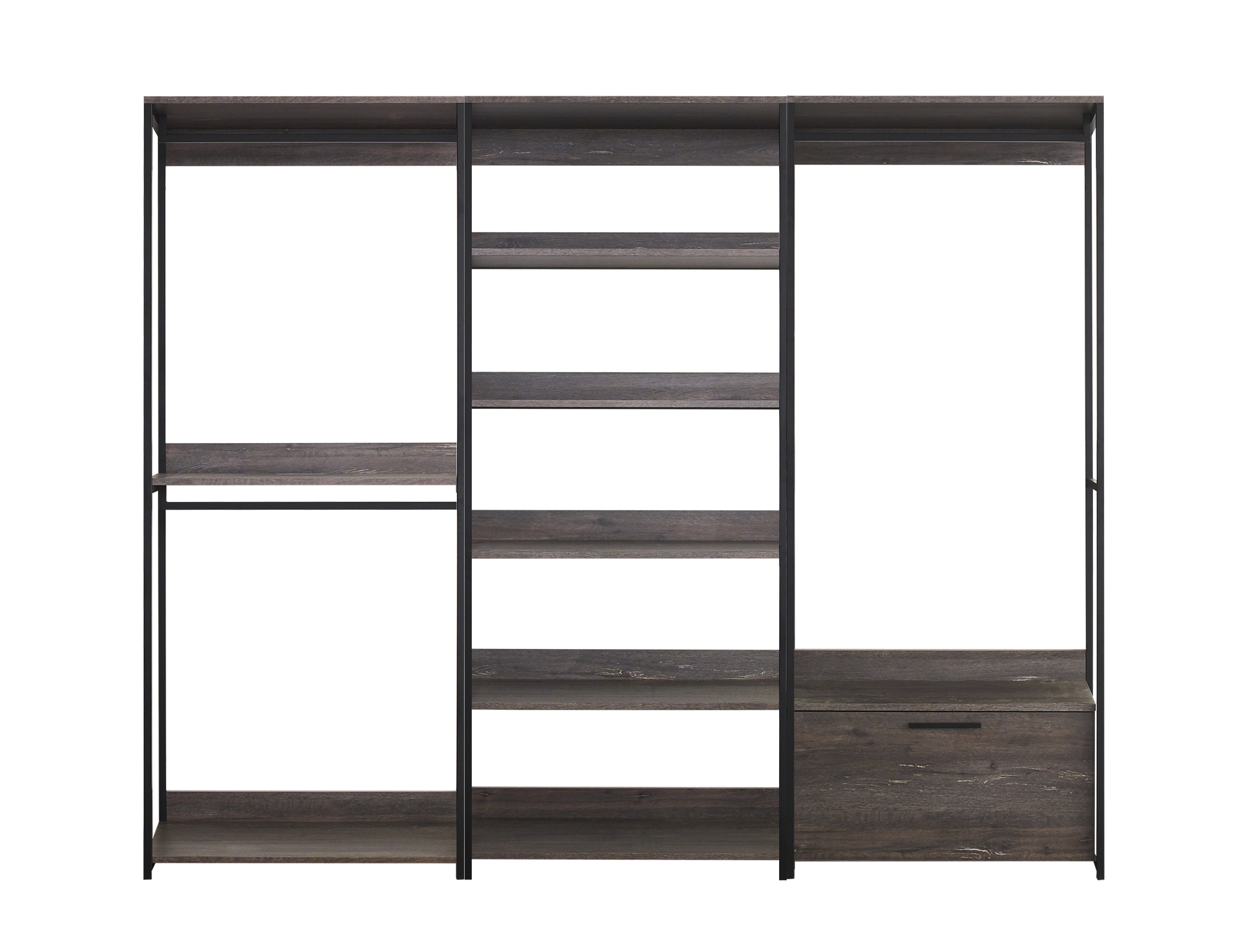 Modern open bookcase with dark wood shelves and black metal frame