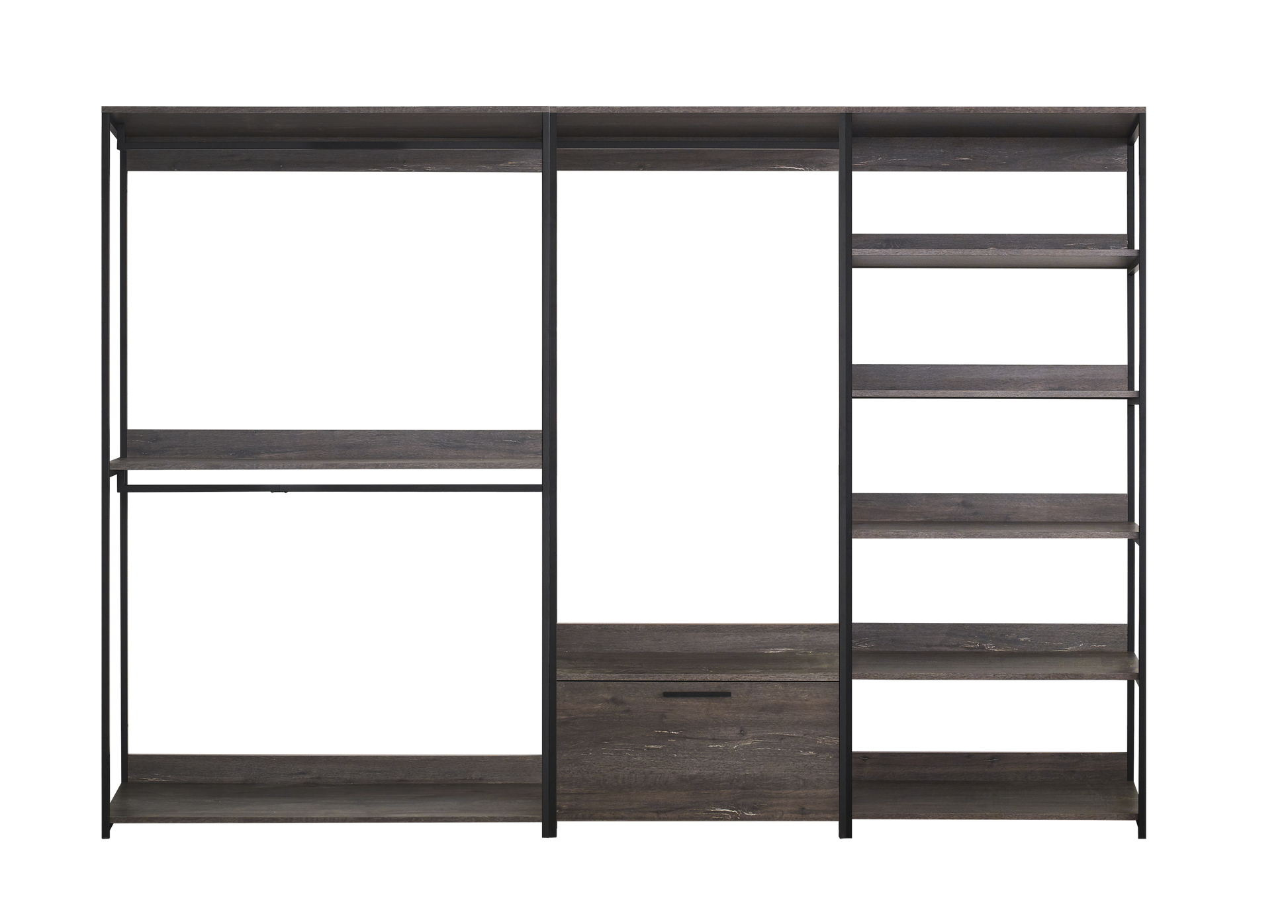 Modular closet system with dark wood shelves and black metal frame