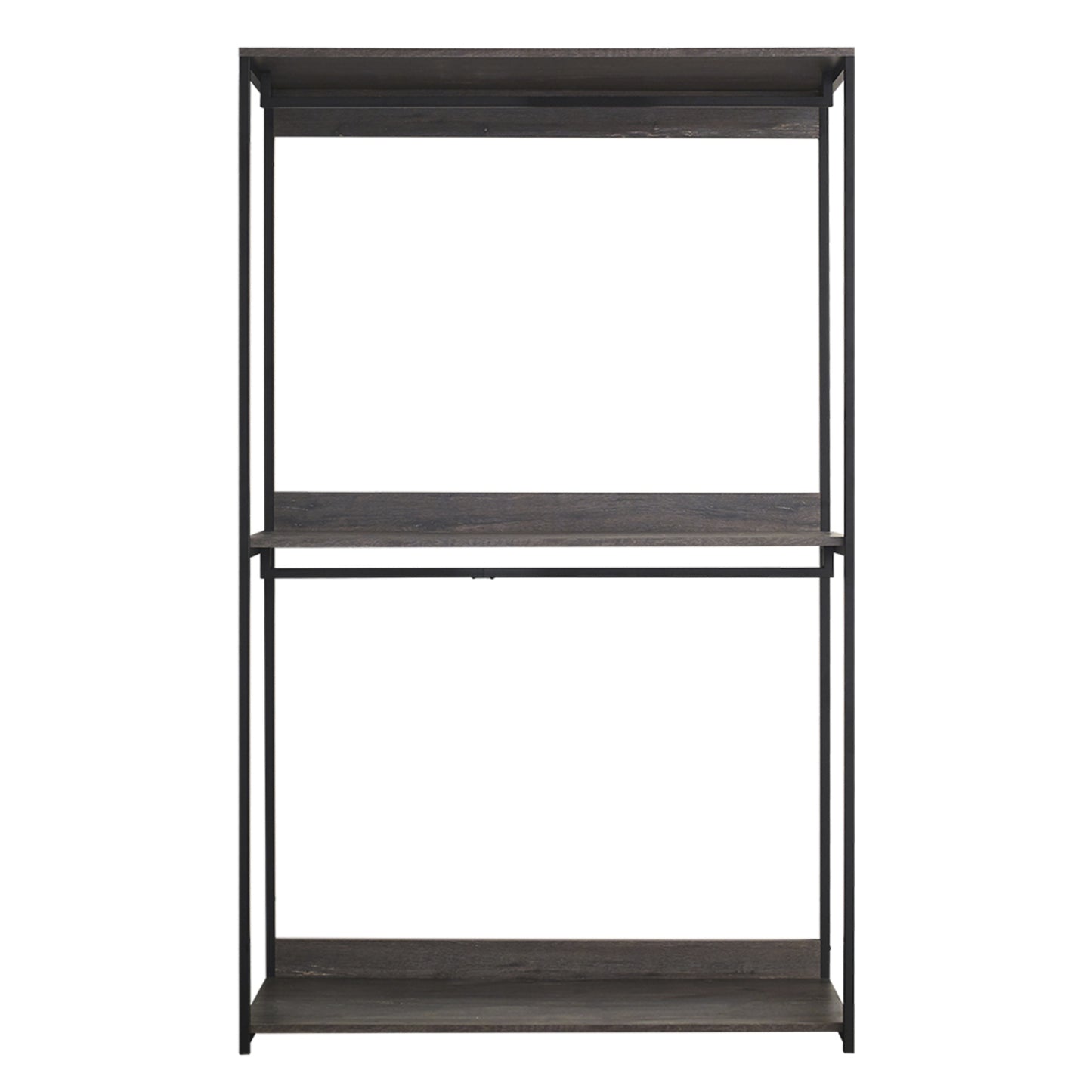 Industrial pipe clothing rack with dark wood shelves and a hanging rod